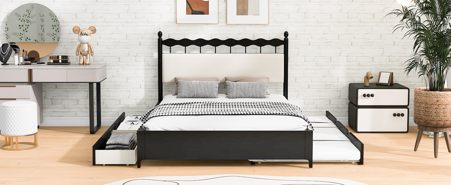 Queen Size Wooden Storage Platform Bed, With 2 Big Drawers, T Size Trundle ,Espresso Queen Espresso Plywood