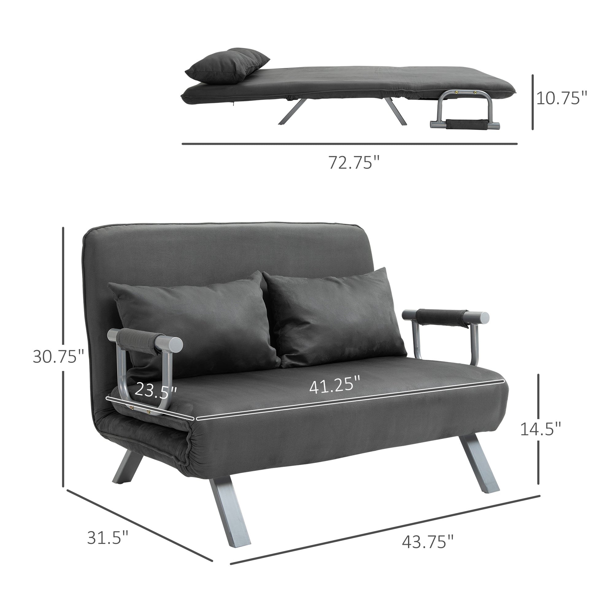 Homcom Convertible Sofa Bed Sleeper Chair, 5 Position Adjustable Backrest, Armchair Sleeper With Pillows, Leisure Chaise Lounge Couch, Gray Grey Steel 2 Seat
