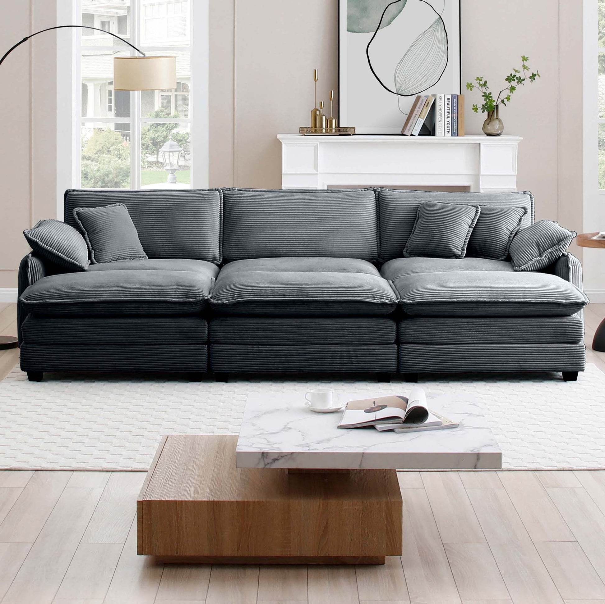 Oversized Modular Cushioned Sofa,With 3 Ottomans To Work As Sleeper Sofa Beds, 3 Seater Sofa With 3 Footstools,Grey Corduroy Fabric Grey Corduroy 3 Seat