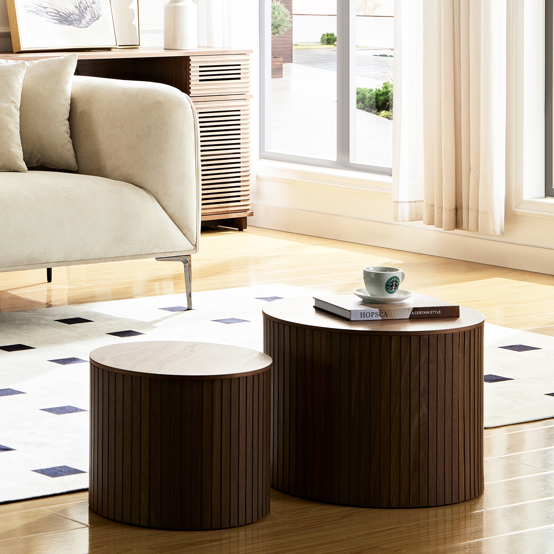 Mdf Nested Table Set 2 Pieces, Handcrafted Round Coffee Table In Living Lounge Area, Walnut Color Walnut Round Round Mdf