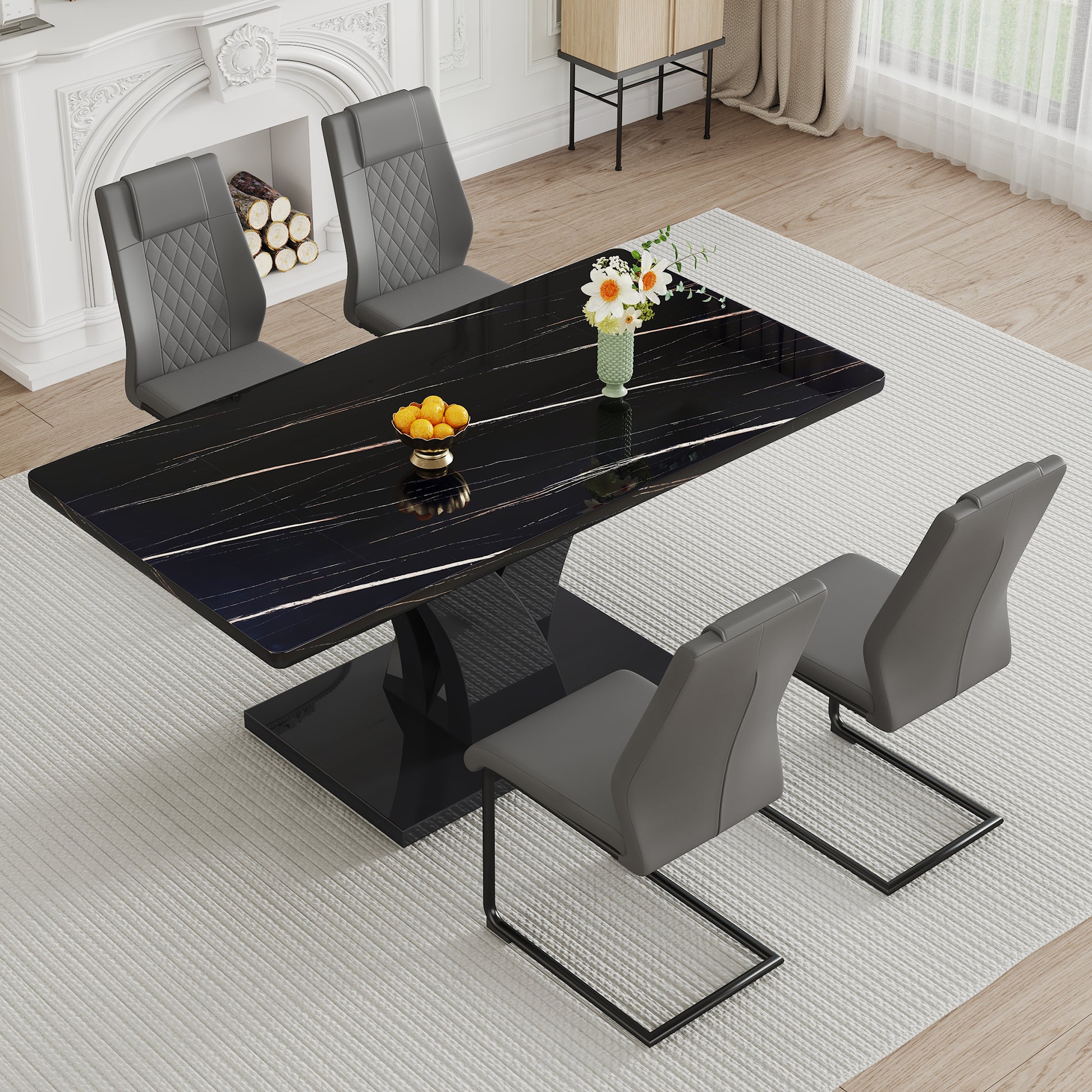 Table And Chair Set, Modern Dining Table, Black Tabletop And Black Mdf Leg Table, Soft And Comfortable Dining Chair, Perfect For Dinner, Meetings, Home And Office Decor Black Grey Mdf