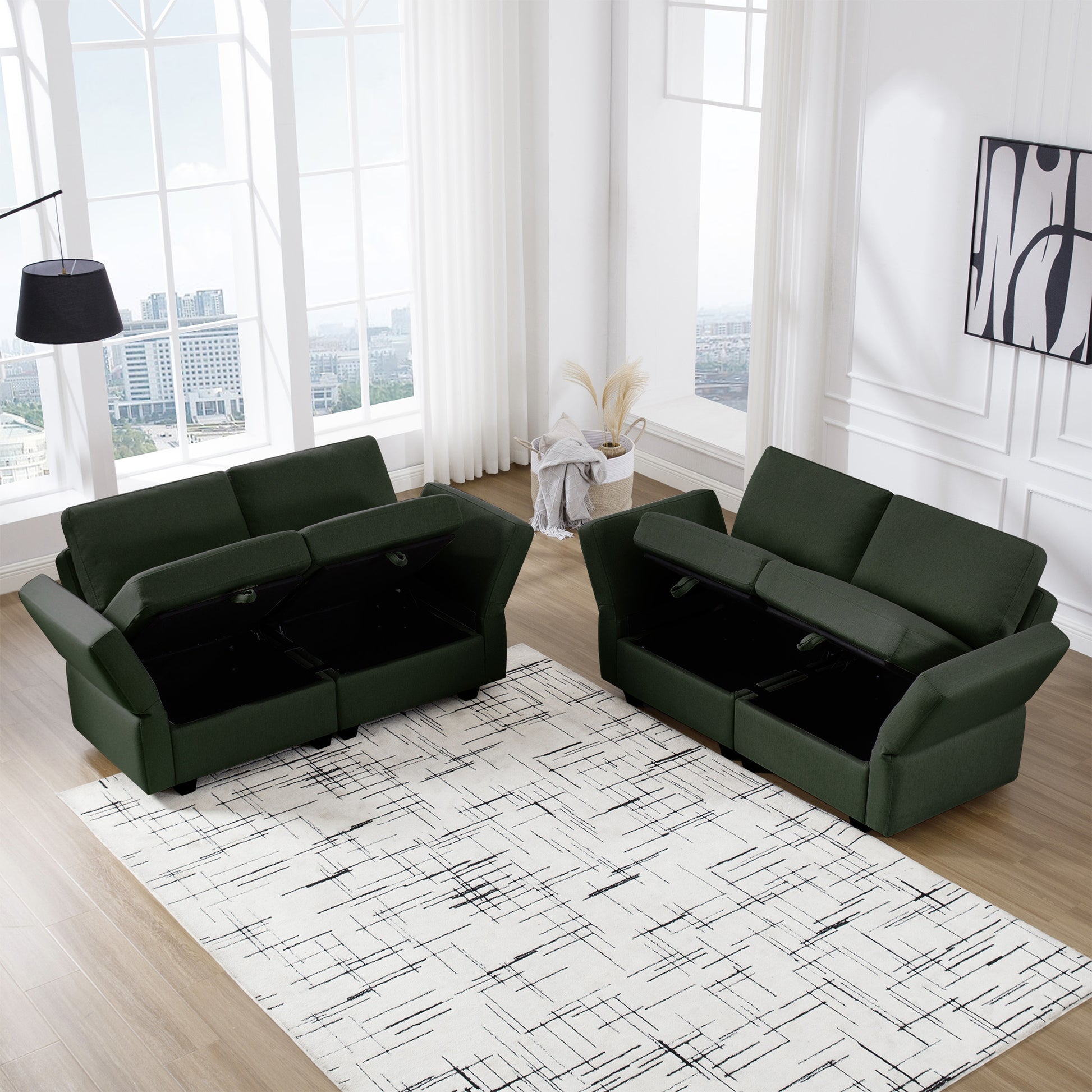 Living Room Furniture Sets, 2 Piece Comfy Upholstered Sofa Couch Set, Mid Century Modern Loveseat Sofa Sets With Storage Space Small Spaces Under Seats, Adjustable Arms And Backs Green Green Polyester 4 Seat