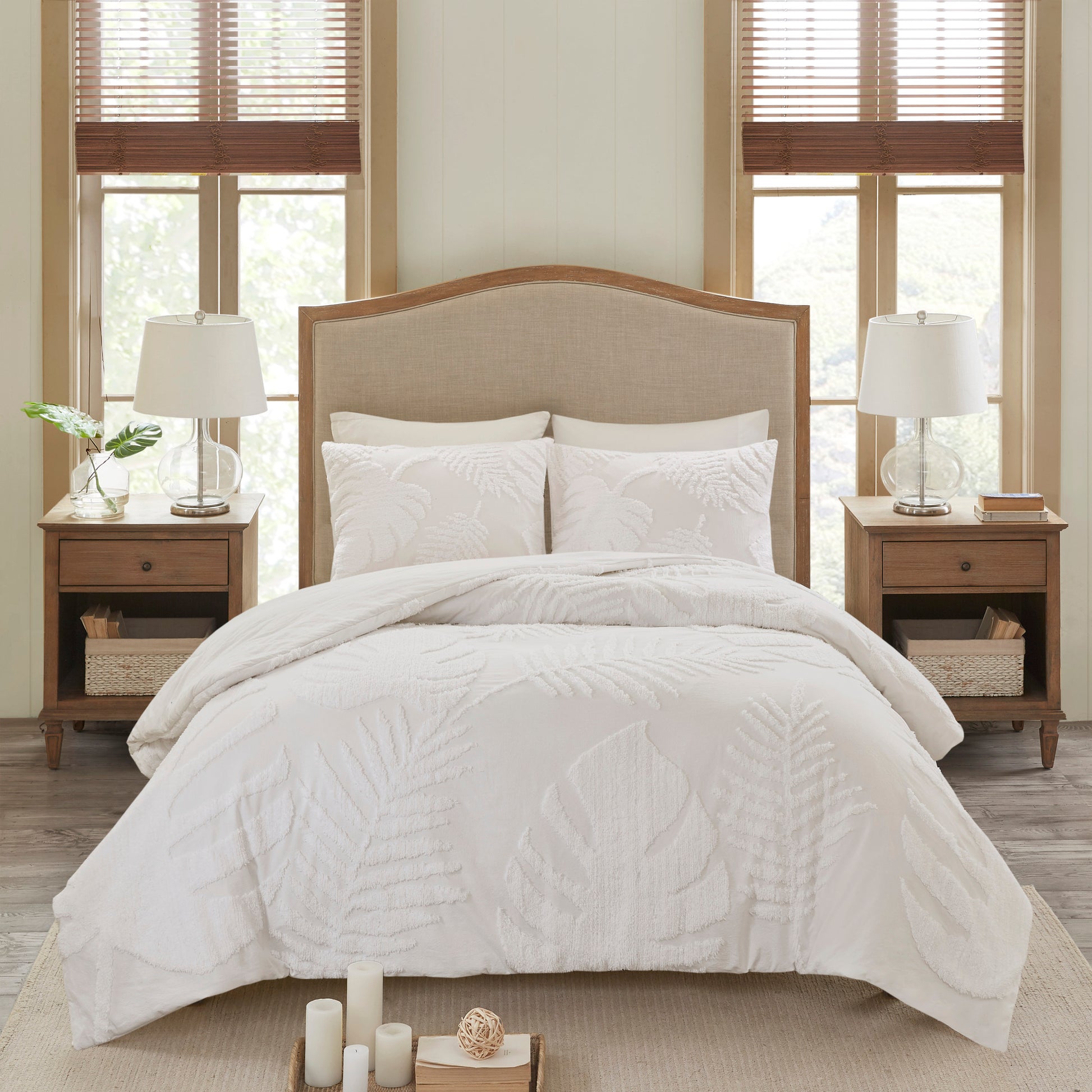 3 Piece Tufted Cotton Chenille Palm Comforter Set Off White King Cal King King Off White Cotton