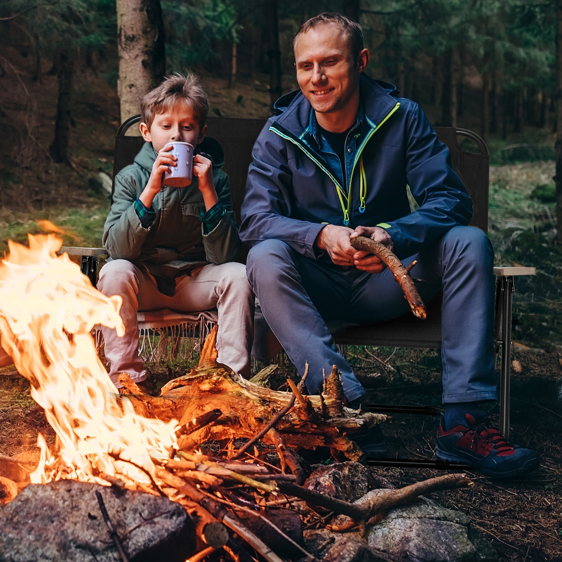 Outsunny Double Folding Camping Chair, Loveseat For 2 Adults, Portable Camping Couch With Wood Armrest & Cupholders, For Backpacking, Beach, Sports Travel, Black Black Steel