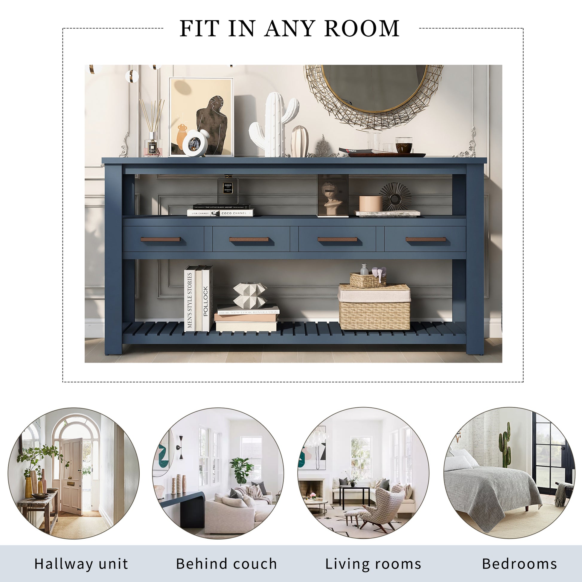 62.2'' Modern Console Table Sofa Table For Living Room With 4 Drawers And 2 Shelves Navy Blue Solid Wood Mdf