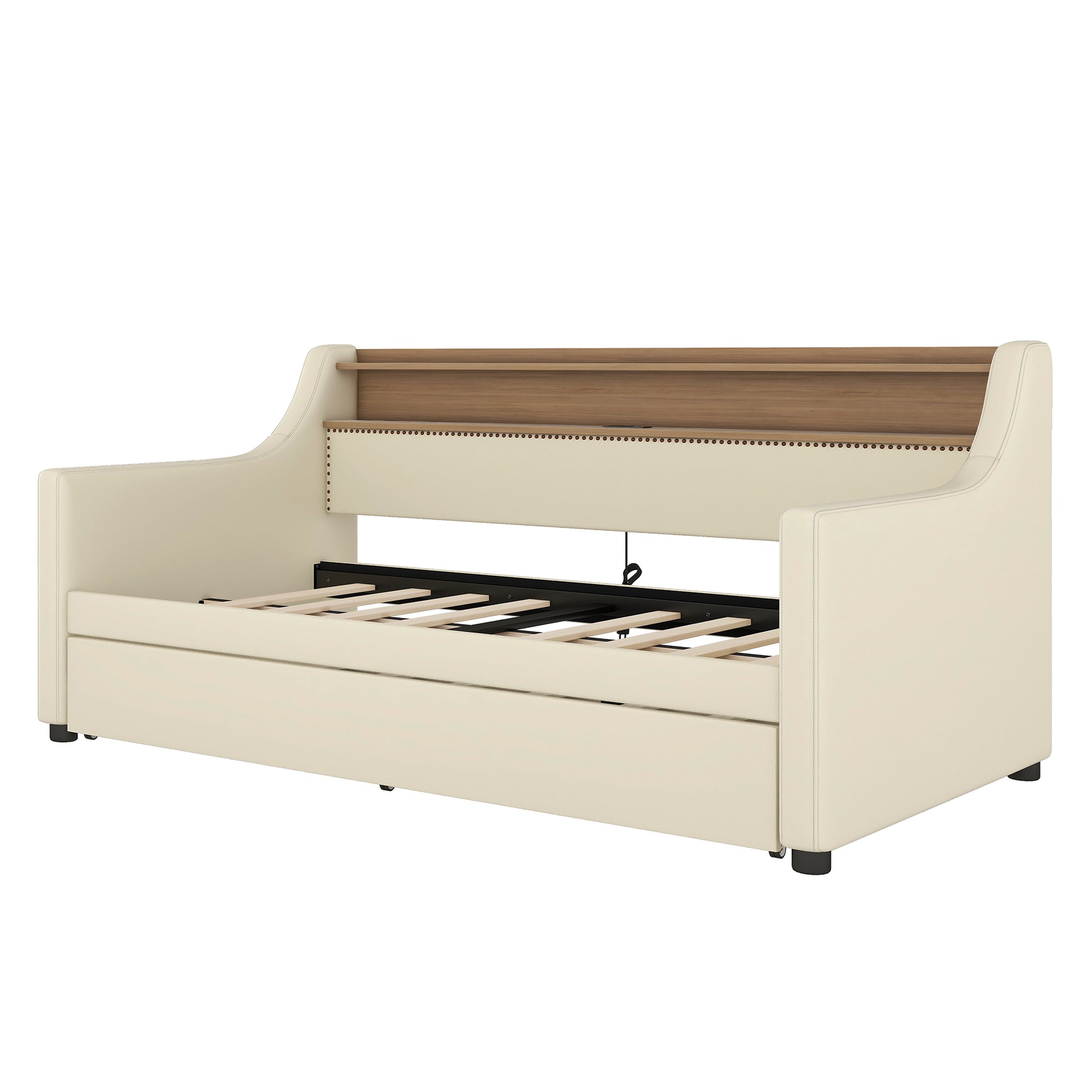 Twin Size Daybed With Trundle, Upholstered Daybed With Charging Station And Led Lights, Beige Expect Arrive Date:May 20Th. Twin Beige Pu Leather