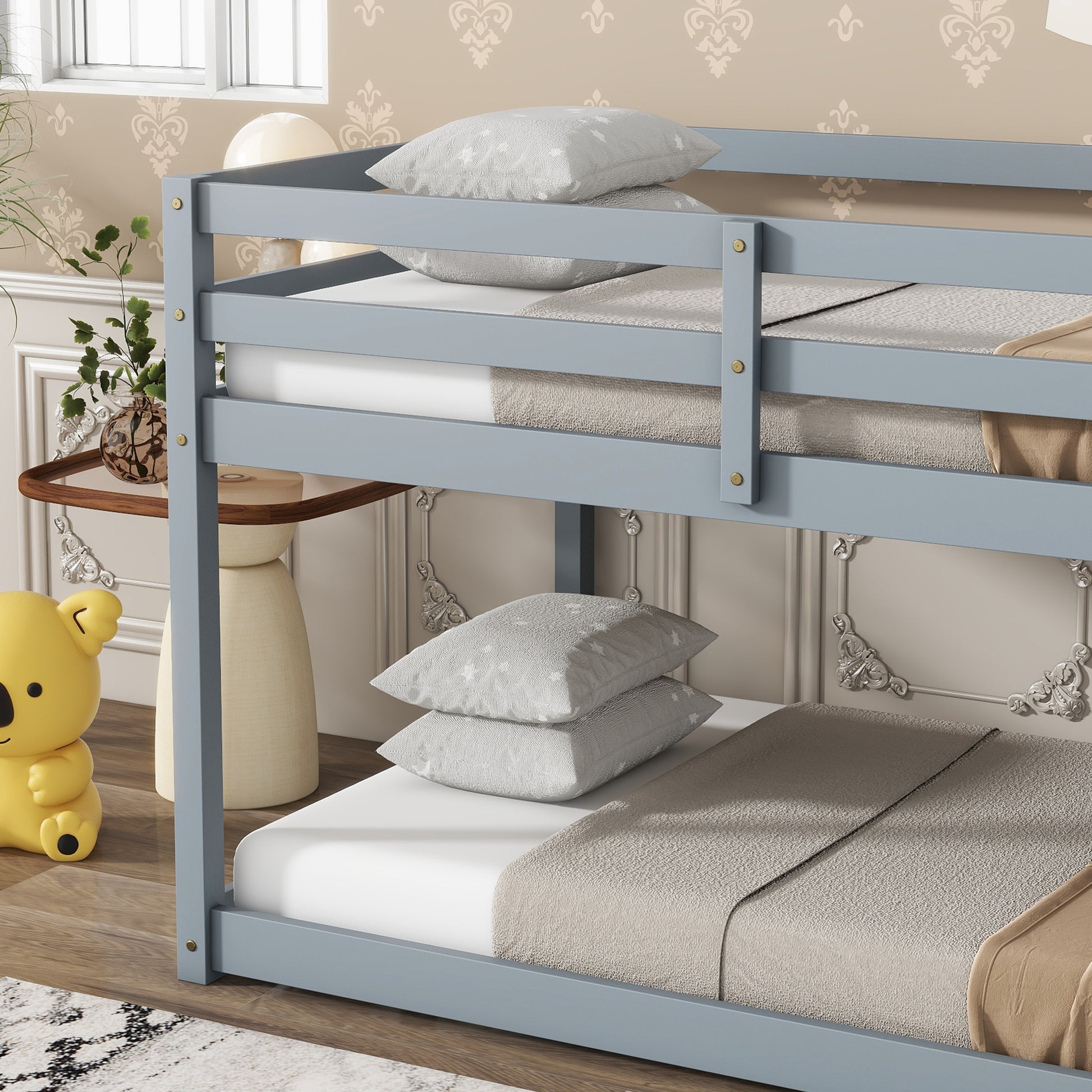 Solid Wooden, Solid Rubber Wooden Twin Over Twin Loft Bed With Ladder, With Bed Platform Of Strengthened Slatsgrey Twin Grey Rubber Wood