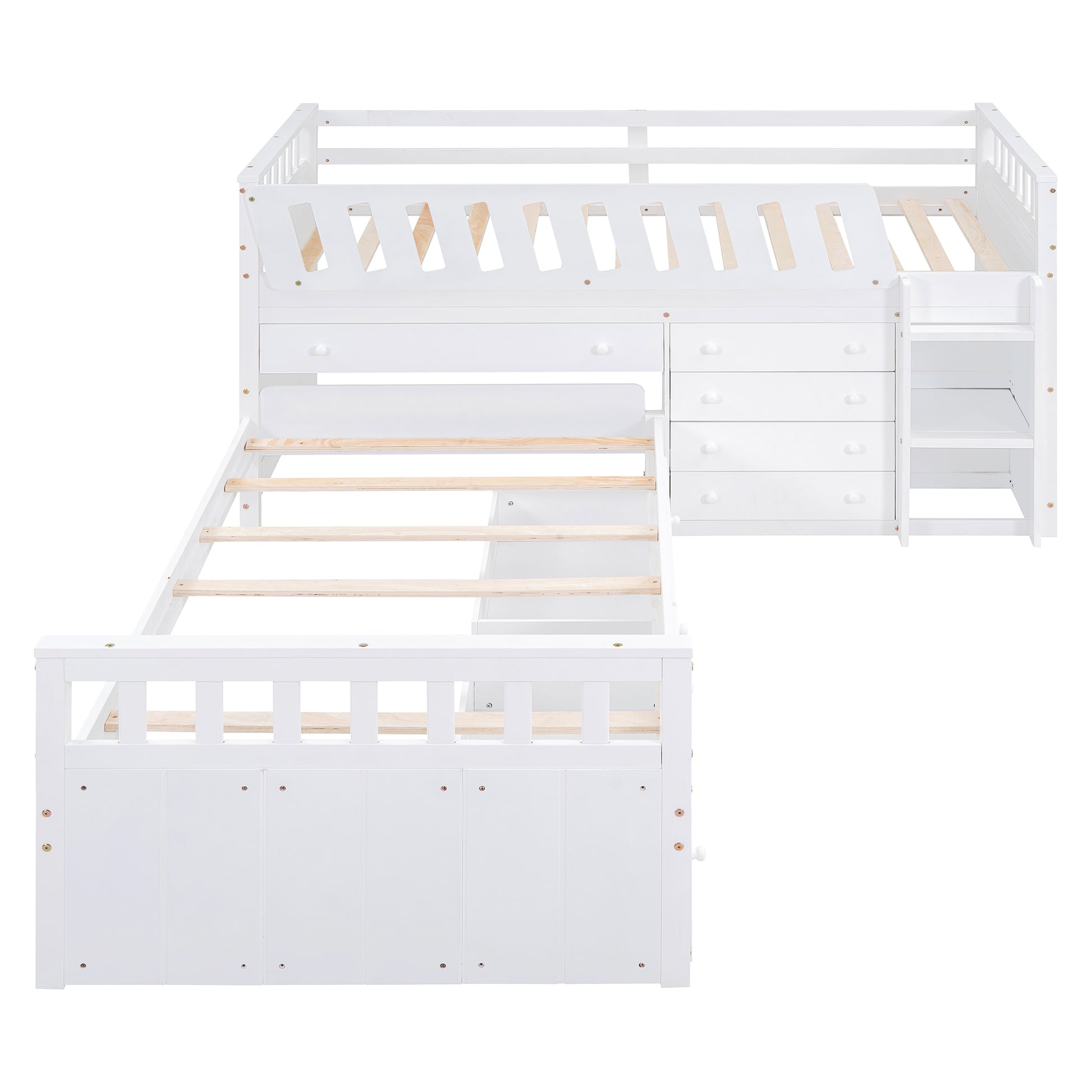 L Shaped Space Saving Twin Loft And Twin Platform Bed With 7 Drawers And Full Guardrails White Twin White Solid Wood