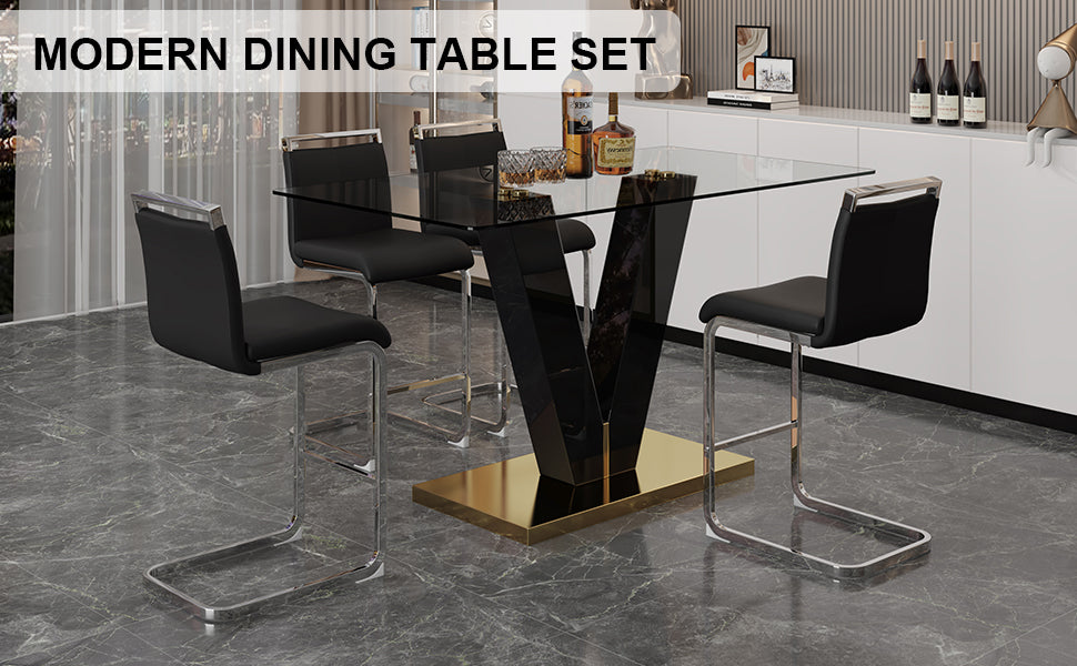 Table And Chair Set. A Rectangular Glass Dining Table With A 0.4 Inch Tempered Glass Tabletop And Mdf Board V Shaped Bracket, Paired With Chairs Consisting Of Pu Seat Cushions And Silver Metal Legs. Black Seats 4 Tempered Glass