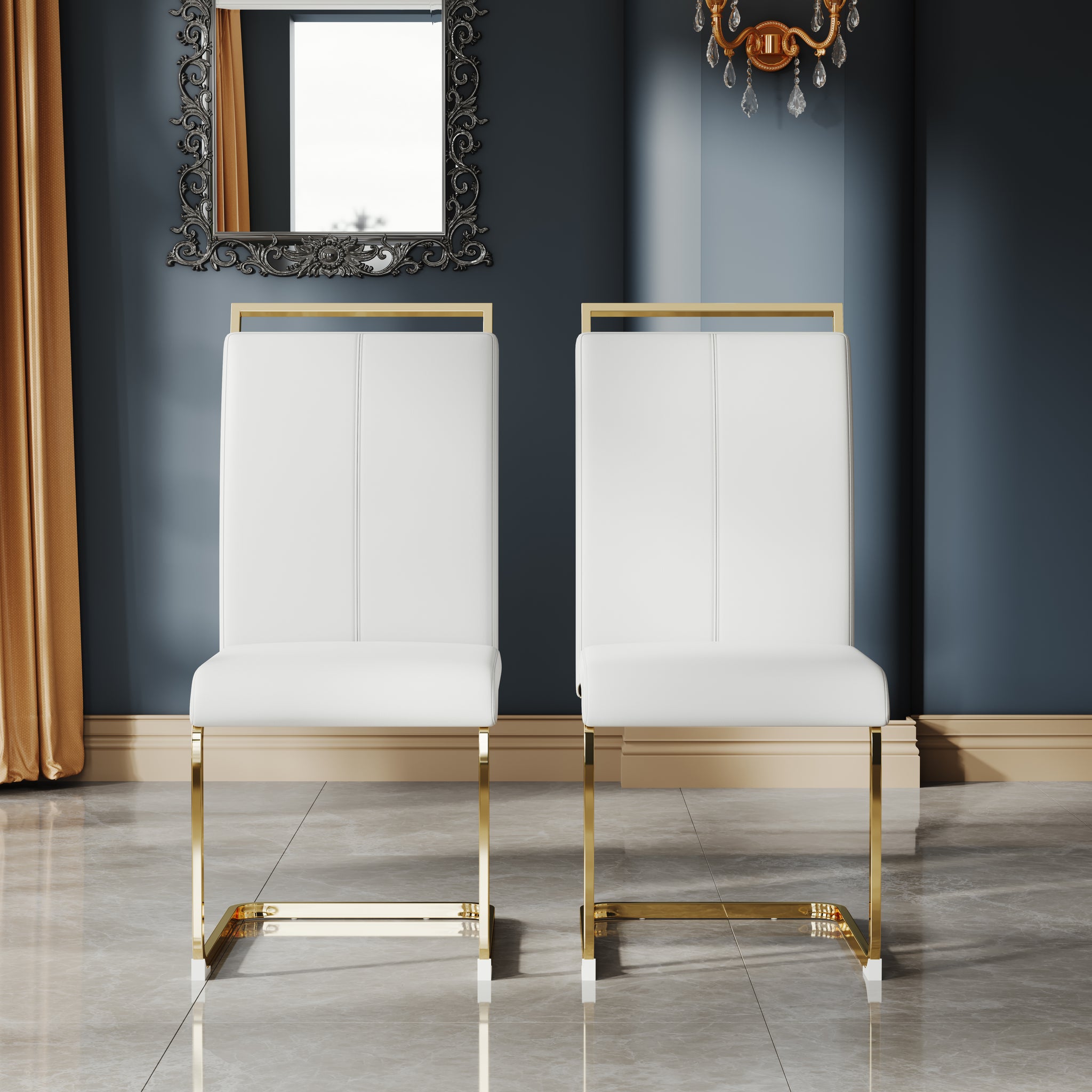 A Set Of 4 Artificial Leather Dining Chairs, Featuring An Arched Chair Design And Paired With Stainless Steel Legs. Gold White Pu Leather