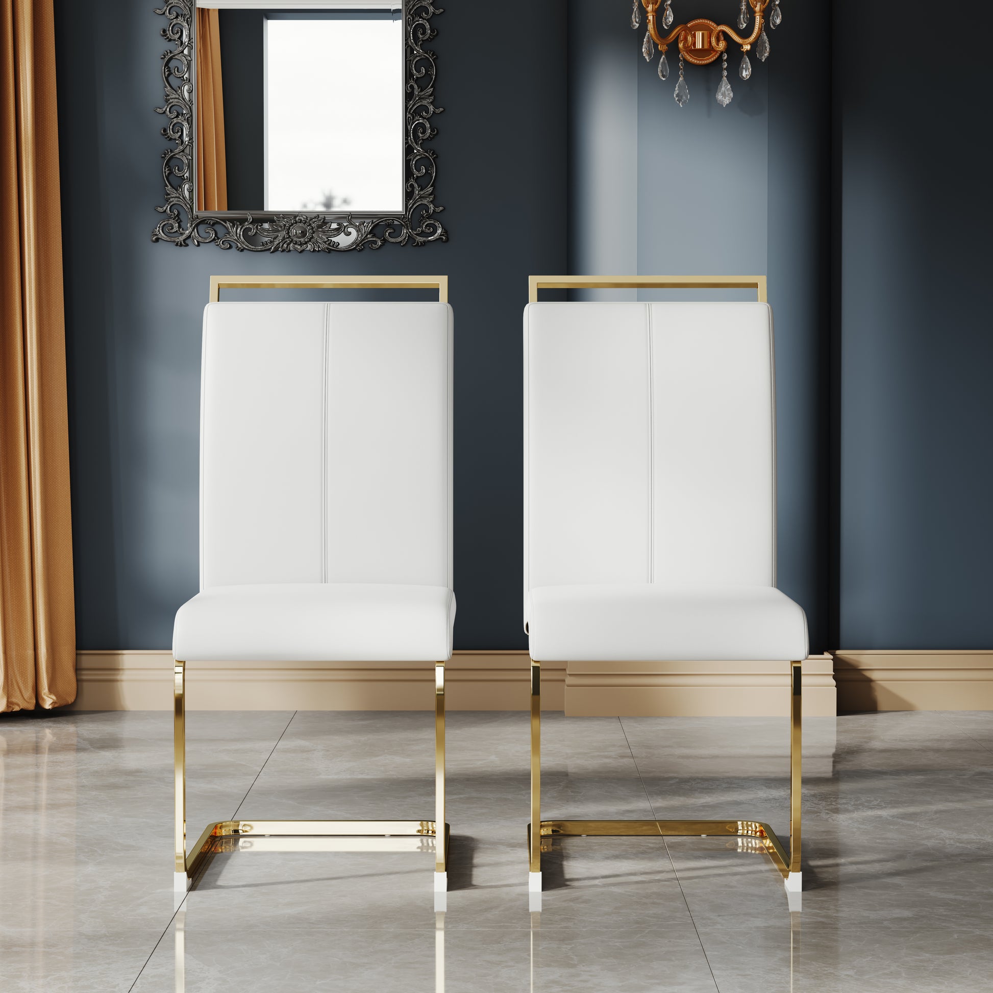 A Set Of 4 Artificial Leather Dining Chairs, Featuring An Arched Chair Design And Paired With Stainless Steel Legs. Gold White Pu Leather