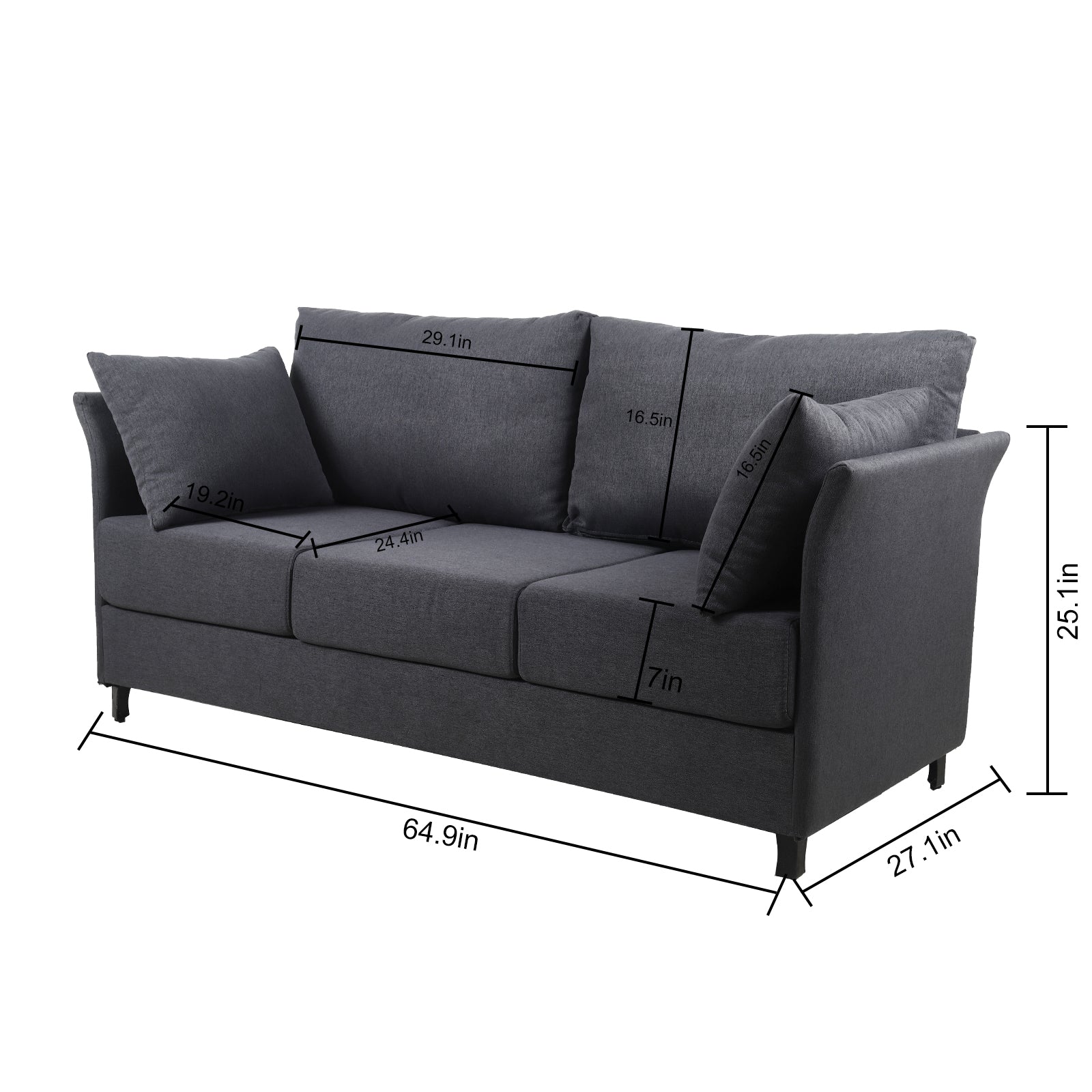 Modern Detachable Sofa 3 Seater Sofa Couches With Metal Frame For Living Room Apartment Bedroom,Linen,Dark Gray Dark Gray Linen 3 Seat