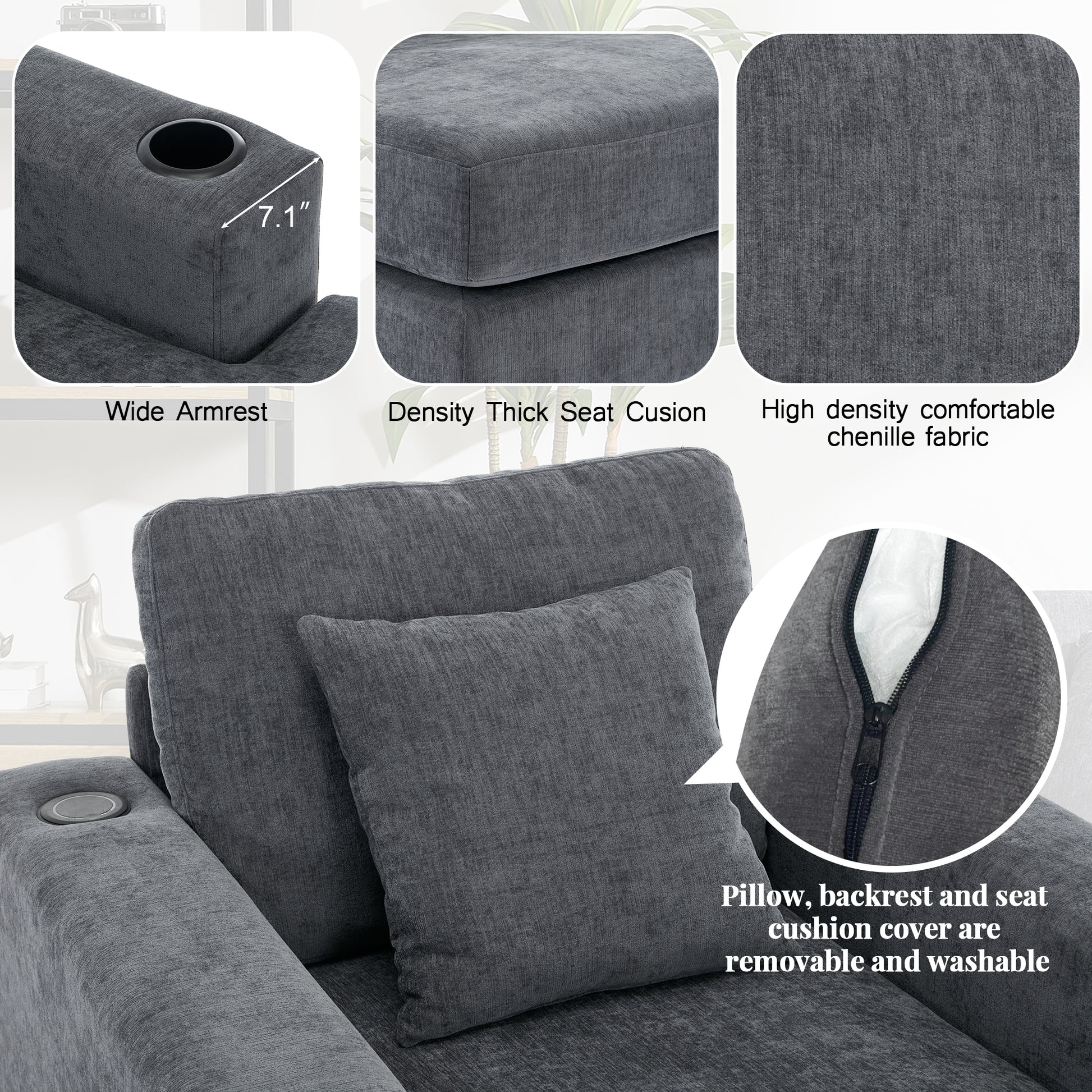 39.7" Oversized Chaise Lounger Modern Style Sofa Couch ,With Pillows, Charge Station & Cup Holders, Chenille Fabric, Blue Gray Blue Gray Chenille