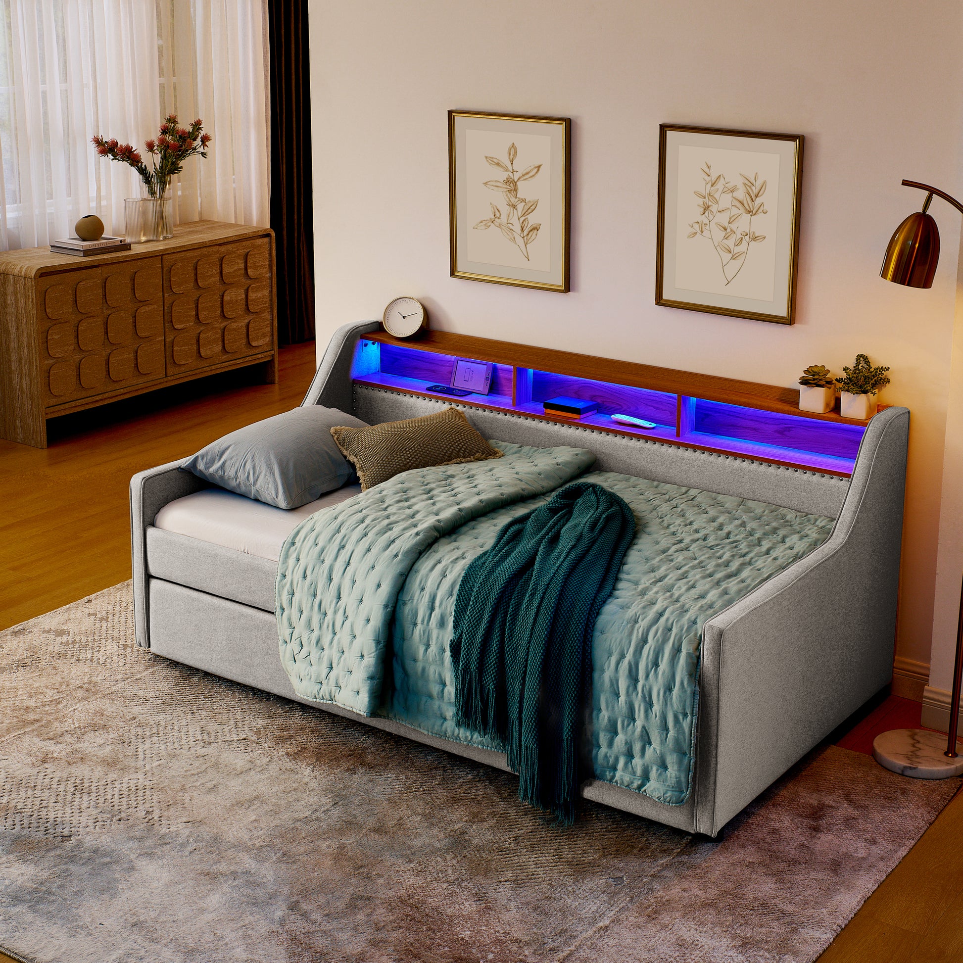 Twin Size Upholstery Sofa Bed With Three Led Lights, With Storage Adjustable Headboard, With Foldable Leg Pull Up Trundle Bed And Wireless Charging, Linen Padded Sofa Bed Frame, Beige Box Spring Not Required Twin Beige Composite Bedroom Classic