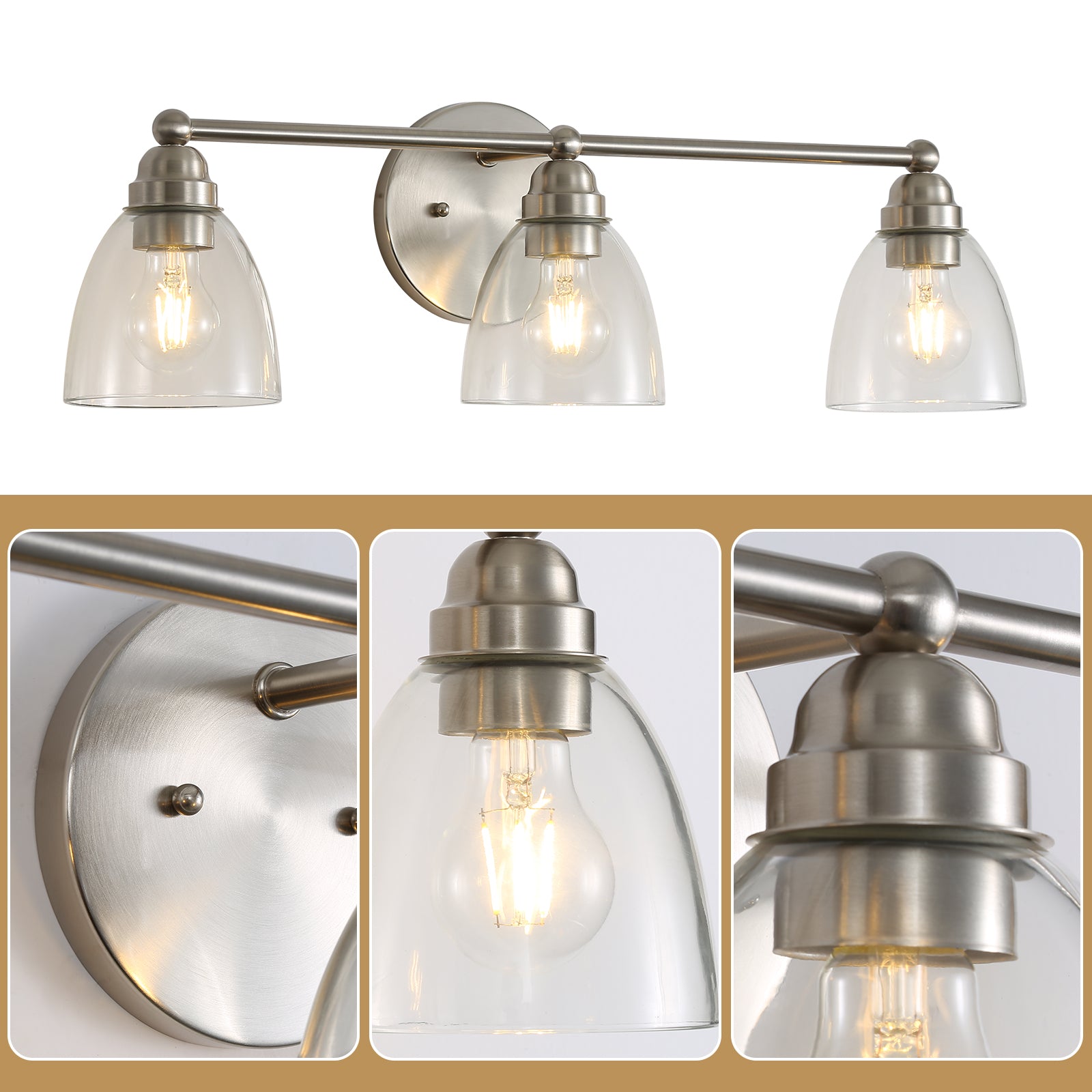 Modern 3 Light Brushed Nickel Bathroom Vanity Light With Clear Glass Shade, E26 Wall Sconces Over Mirror For Living Room Bedroom Hallway Bulb Not Included Brushed Nickel Glass,Metal