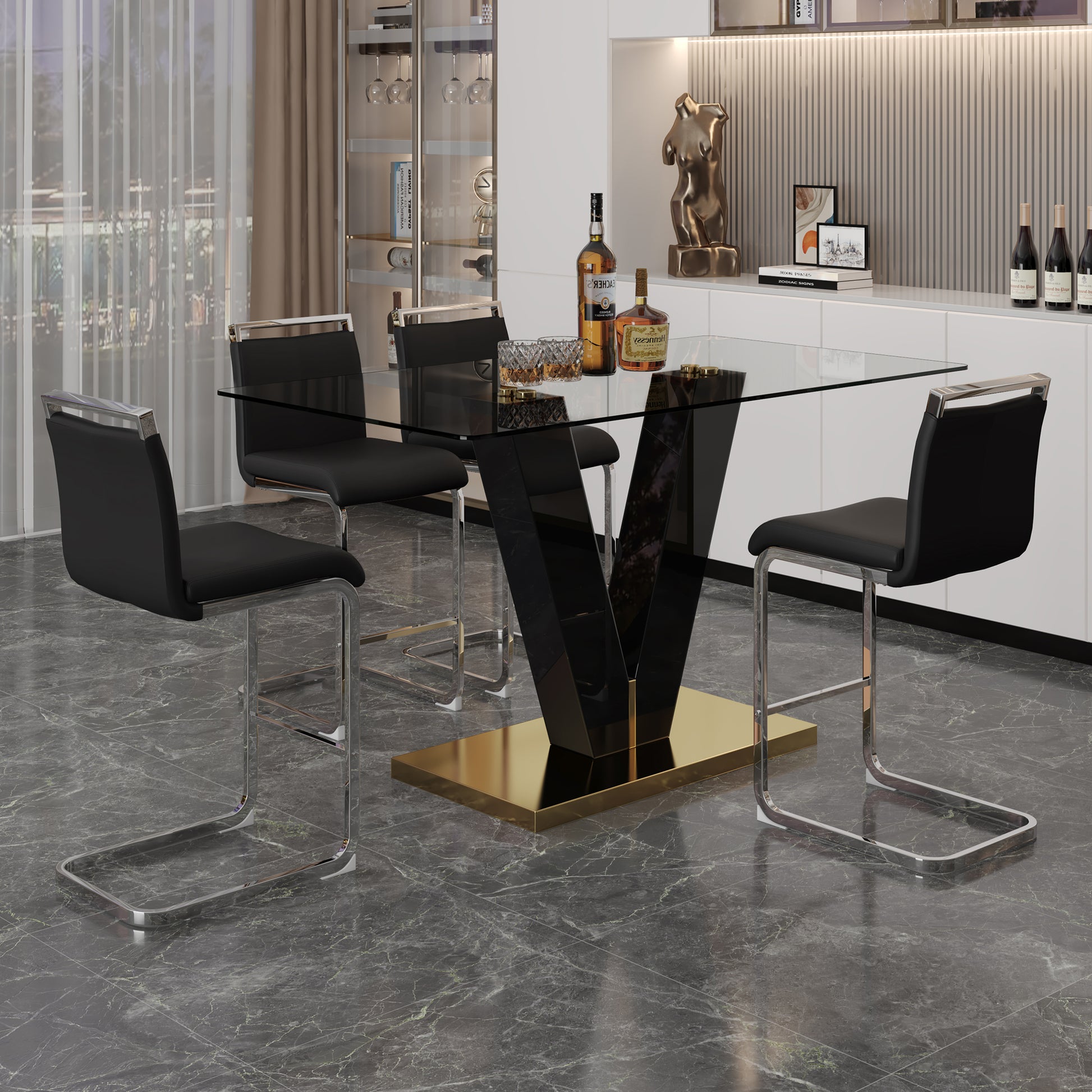 Table And Chair Set. A Rectangular Glass Dining Table With A 0.4 Inch Tempered Glass Tabletop And Mdf Board V Shaped Bracket, Paired With Chairs Consisting Of Pu Seat Cushions And Silver Metal Legs. Black Seats 4 Tempered Glass