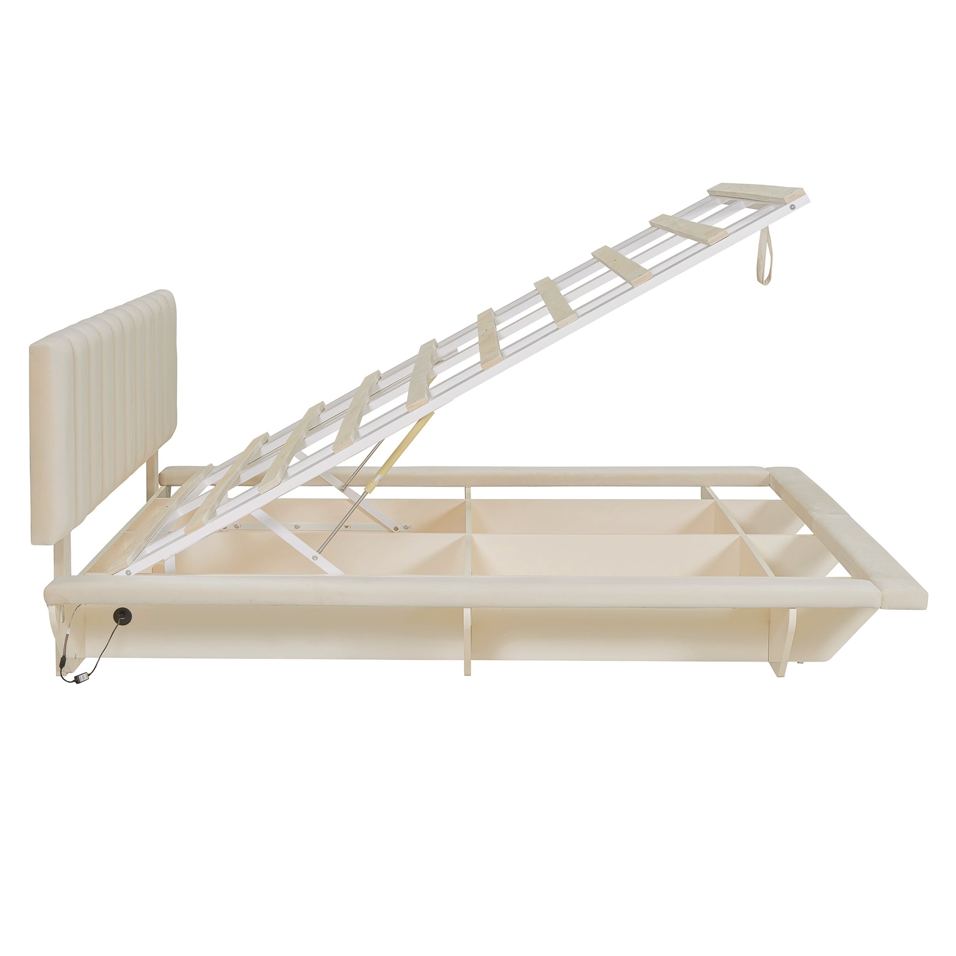 Queen Size Upholstered Floating Bed With Led Light And Usb Port, Velvet, Beige, Hydrualic Platform Bed Queen Beige Velvet