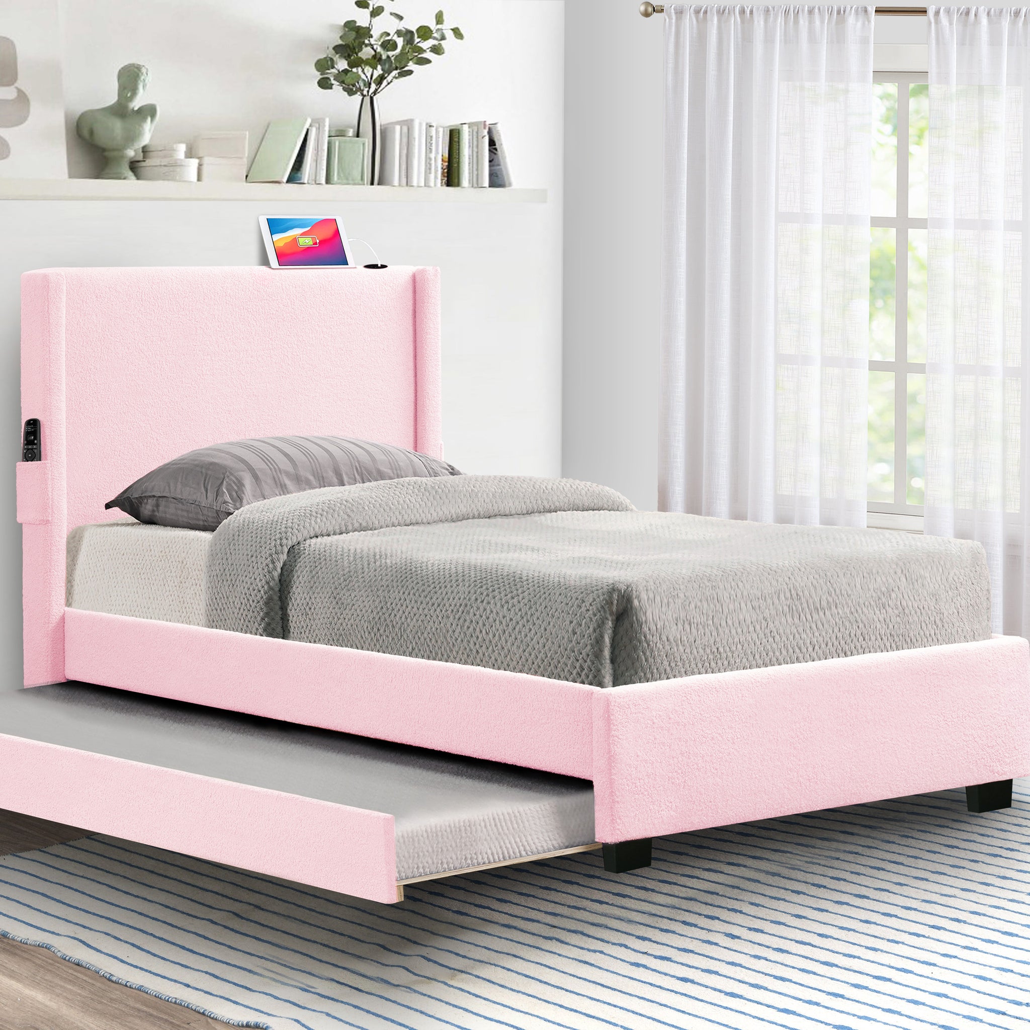 Pink Twin Size Upholstered Bed Frame With Trundle Bed, Teddy Fabric, Usb Functionality, And A Pocket Design On The Side Of The Headboard For Storing Small Items. Pink Is A Girl'S First Choice Box Spring Not Required Twin Baby Pink Wood Espresso Bedroom