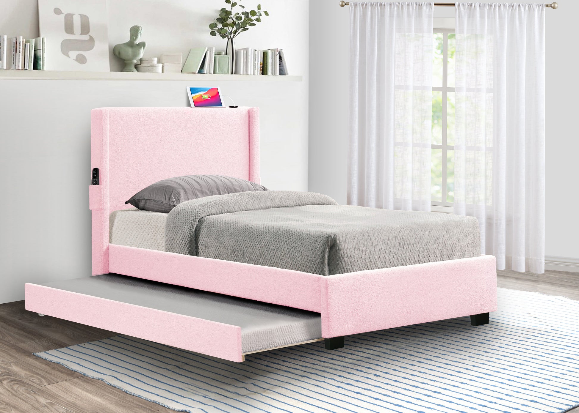 Pink Twin Size Upholstered Bed Frame With Trundle Bed, Teddy Fabric, Usb Functionality, And A Pocket Design On The Side Of The Headboard For Storing Small Items. Pink Is A Girl'S First Choice Box Spring Not Required Twin Baby Pink Wood Espresso Bedroom