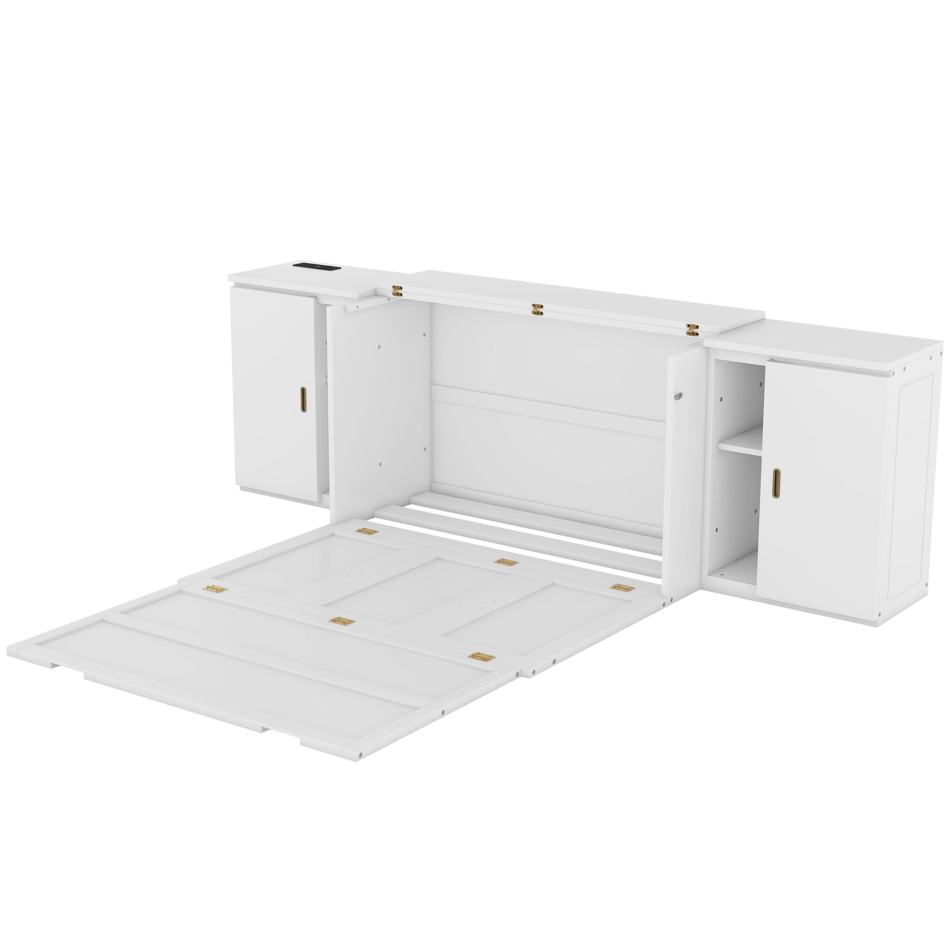Full Size Murphy Bed With Shelves, Cabinets And Usb Ports,White White Mdf Lvl
