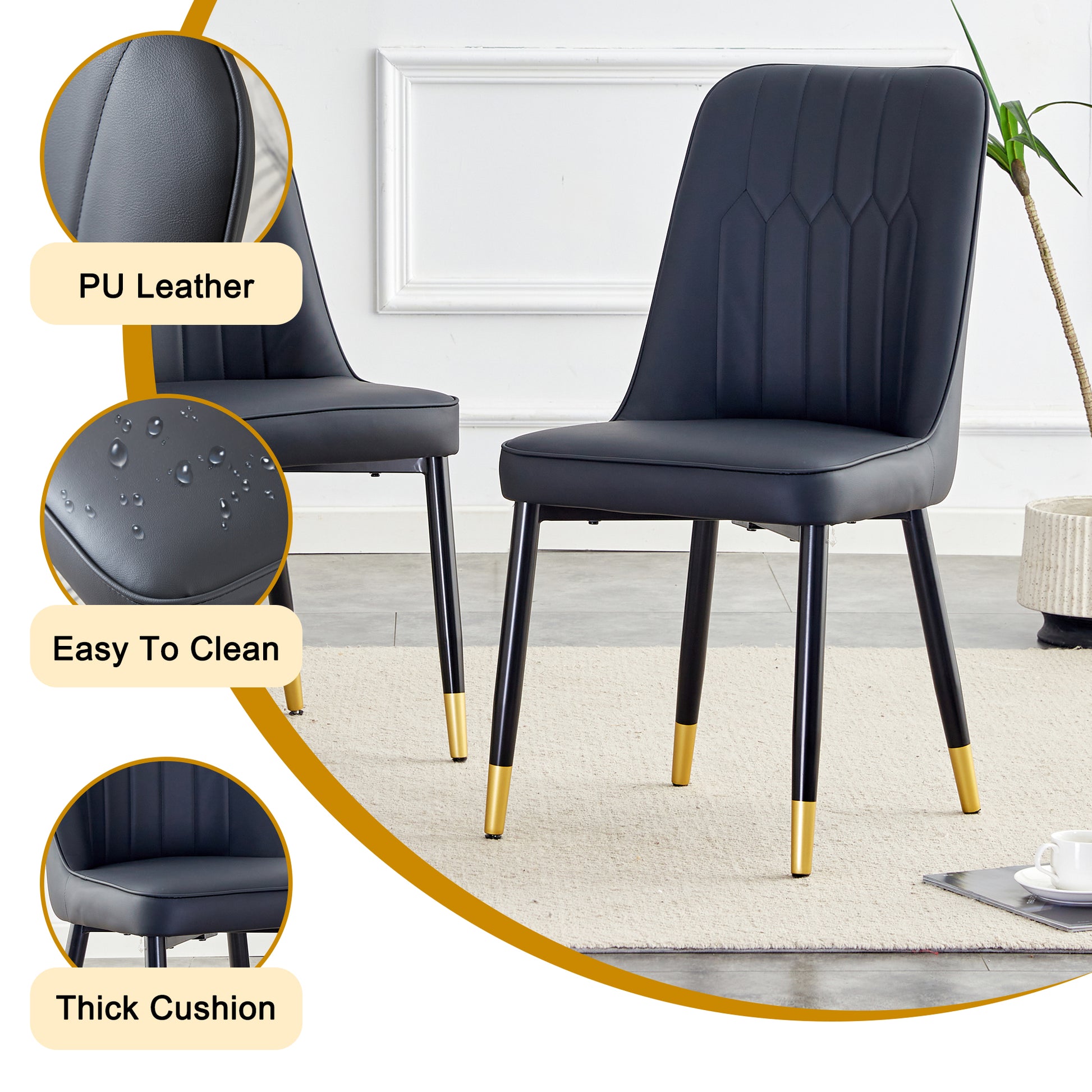 Table And Chair Set.Modern Rectangular Dining Table With Black Textured Stickers Glass Tabletop And Gold Plated Metal Legs.Paried With 4 Comfortable Chairs With Pu Seats And Black Metal Legs. Black Gold Seats 4 Glass Metal