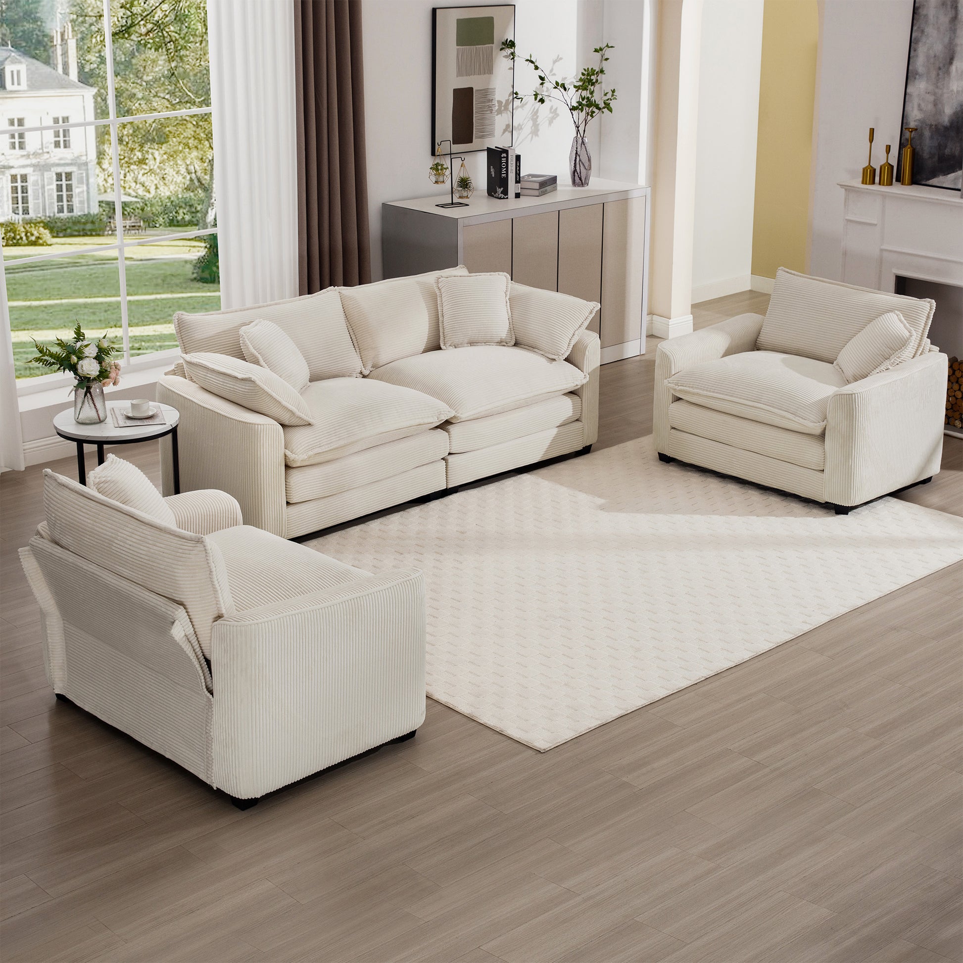 Warm And Cozy Sofa Set With Soft Cushions And Pillows, Home Theater Style Sofa Set Consisting Of One 2 Seater Sofas And Two Single Sofa In Light Beige Corduroy Fabric Beige Corduroy 4 Seat
