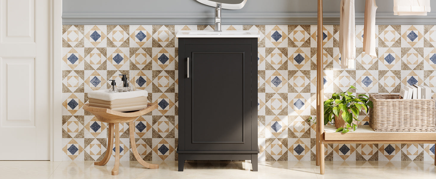 Viedo 20 Inch Modern Small Bathroom Vanity Cabinet With Ceramic Basin 20*15.5*33.3 Inches,Ample Storage,1 Soft Close Door Black Bathroom Solid Wood Mdf