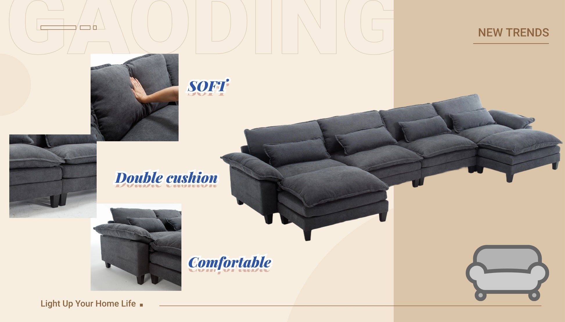 154.8" Oversized Modular Sofaice Velvet Large U Shaped Couch Comfy Upholstered 4 Seat Sofa With 2 Ottoman, 4 Lumbar Pillow, Deep Seat Couch For Living Room Dark Gray Primary Living Space Modern Foam Polyester 6 Seat