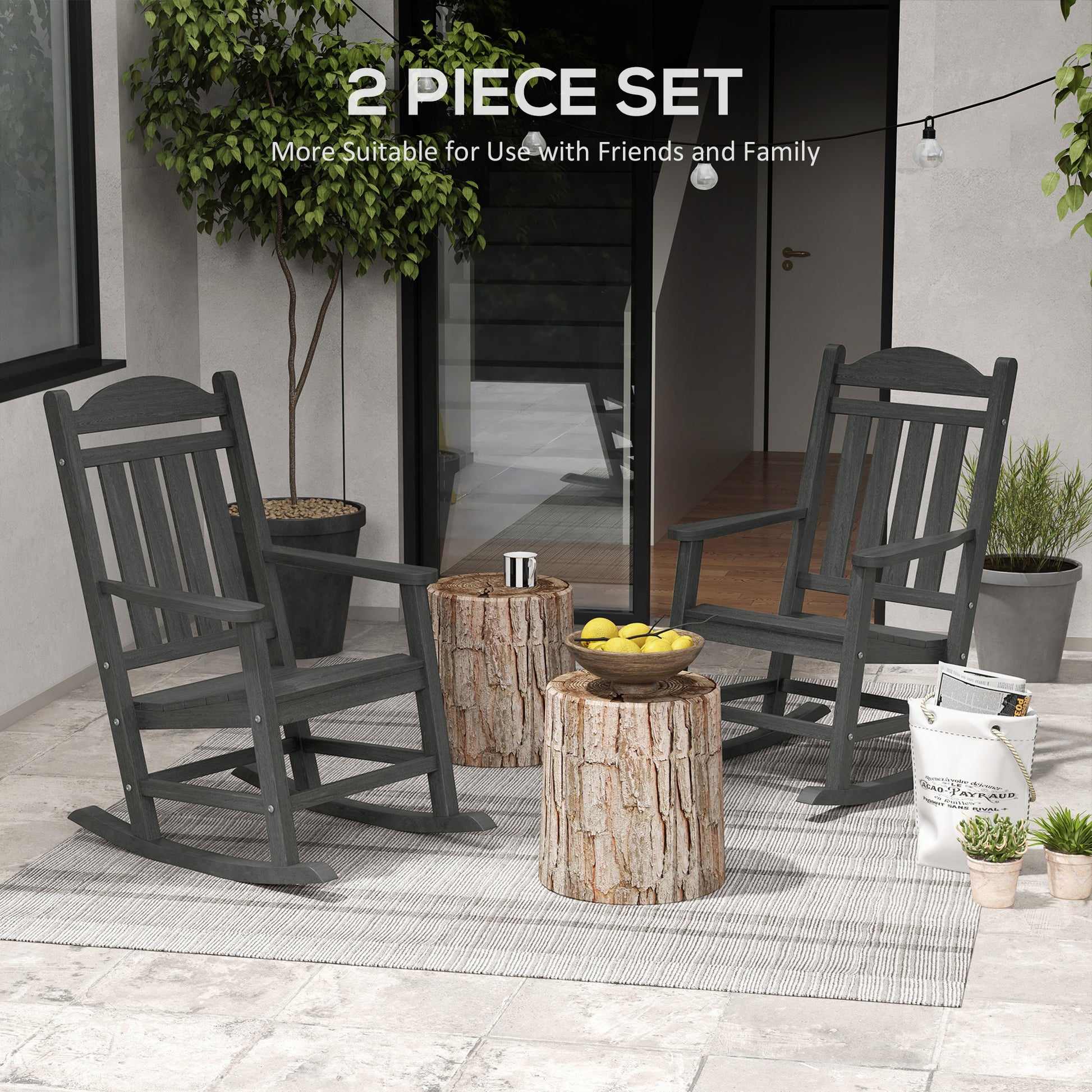 Outsunny 2 Pieces Outdoor Rocking Chair, All Weather Resistant Hdpe Rocking Patio Chairs With Rustic High Back, Armrests, Oversized Seat And Slatted Backrest, 350Lbs Weight Capacity, Dark Gray Dark Gray Plastic