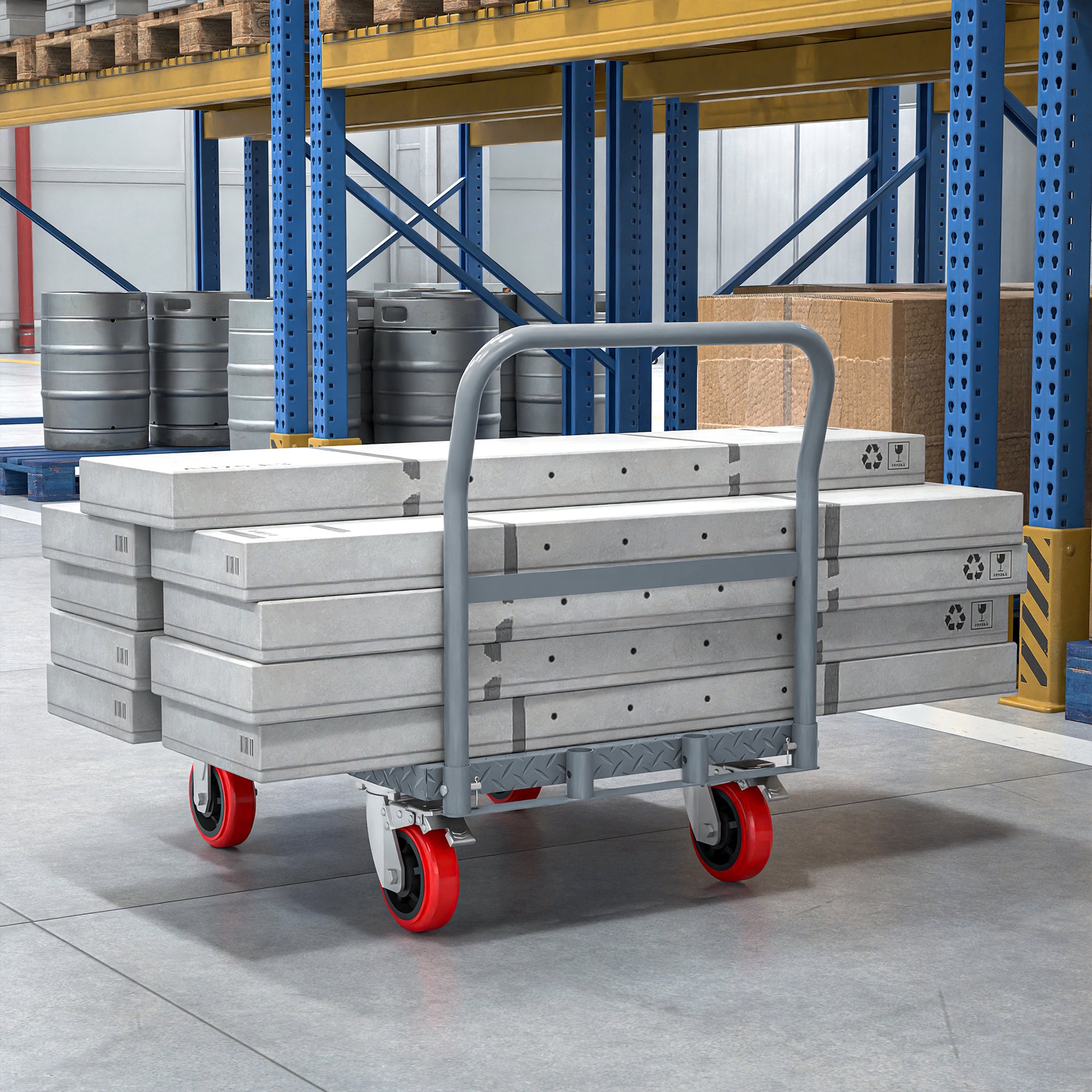 Steel Panel Truck, Heavy Duty Drywall Cart Lumber Cart Platform Truck Flat Cart, 2000Lbs, 6" Swivel Brake Casters, With 1Front And 2 Side Handrails 36''X24'' Grey Metal