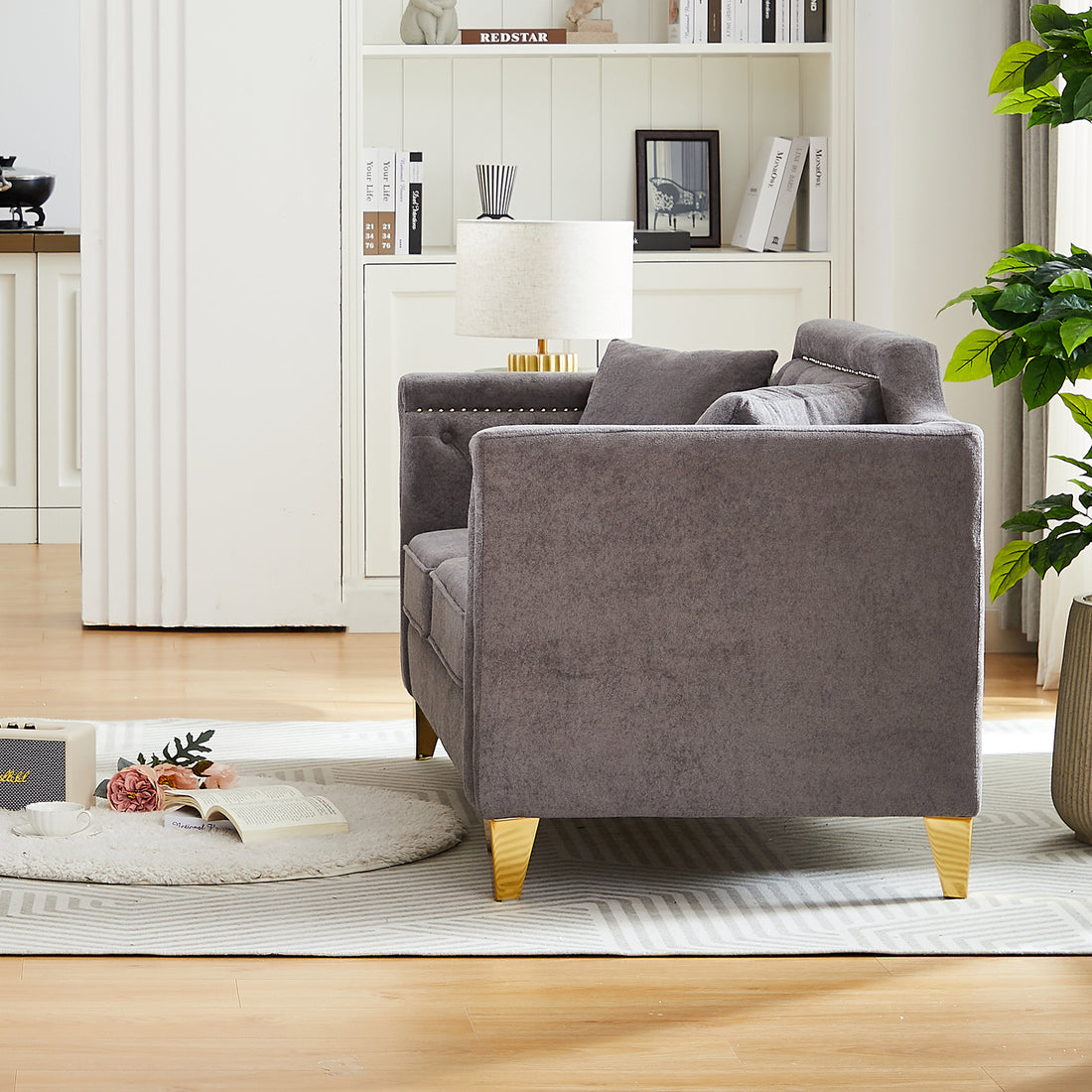 Fx 61.5"Mid Century Design Modern Sofa,Chenille Pull Buckle Design Sofa For Living Room,Buttons Tufted With Copper Nail Decoration Armrest, With 2 Pillows,Modern Couch Upholstered Button And Metal Leg Grey Chenille Wood Pine Foam Fabric 2 Seat