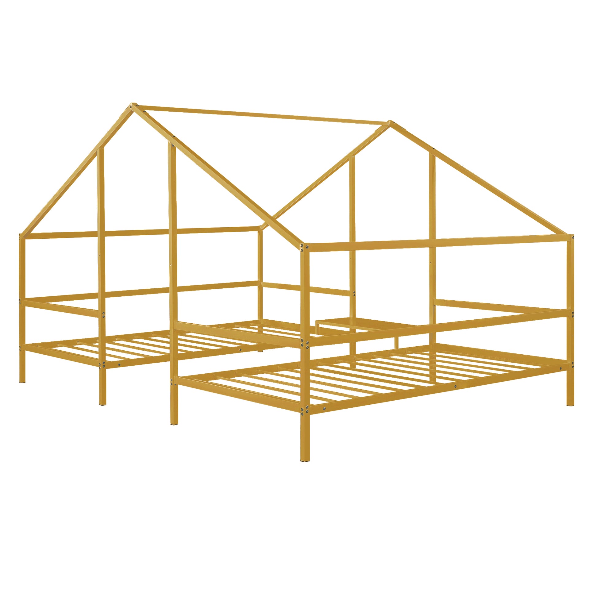 Metal Double Twin Size Triangular House Beds With Built In Table, Gold Box Spring Not Required Twin Gold Metal Metal