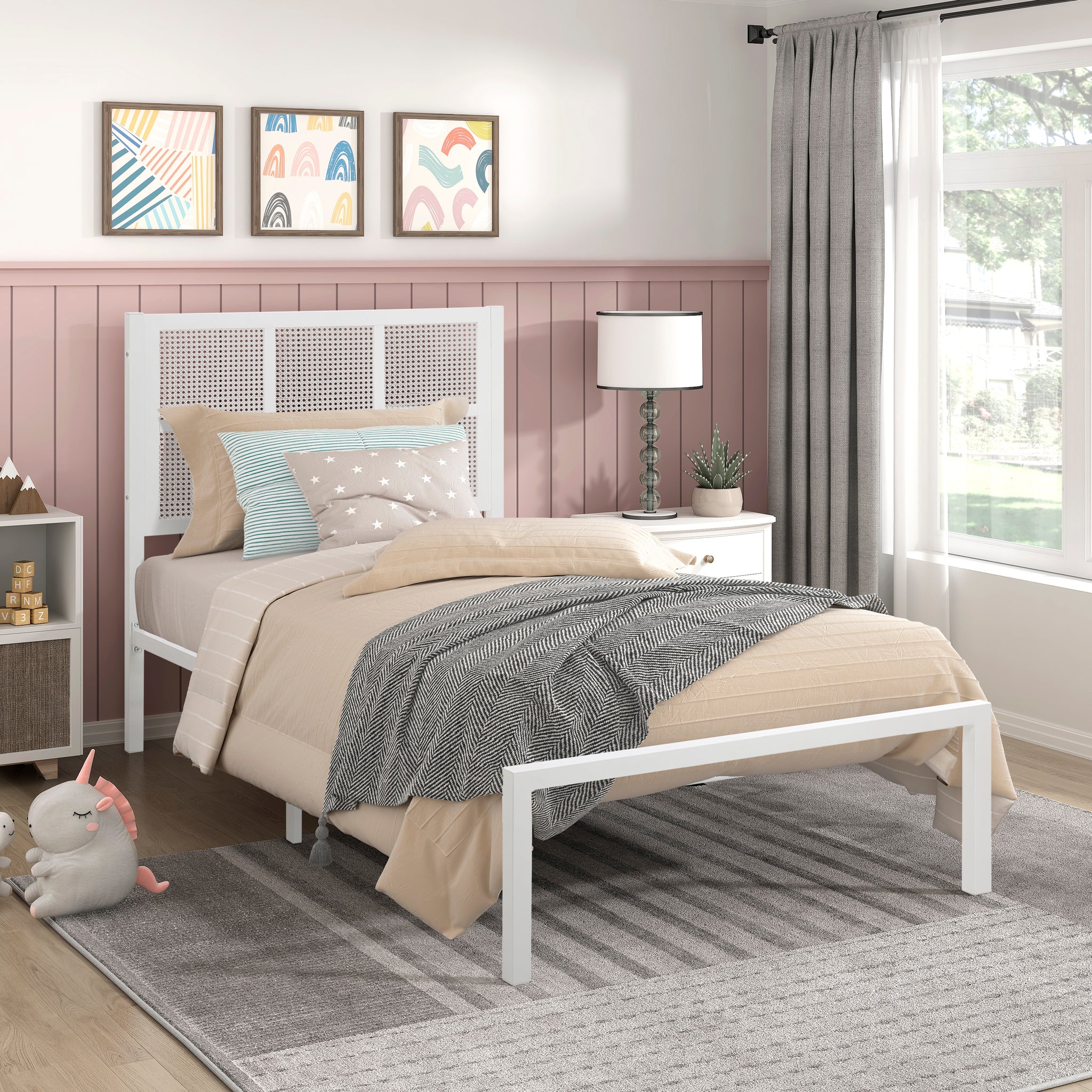 1Pc Twin Platform Bed, Metal Frame White Finish Faux Cane Panel Headboard Casual Coastal Bedroom Furniture, Bed In A Box Box Spring Not Required Twin White Metal Bedroom Casual,Coastal Metal