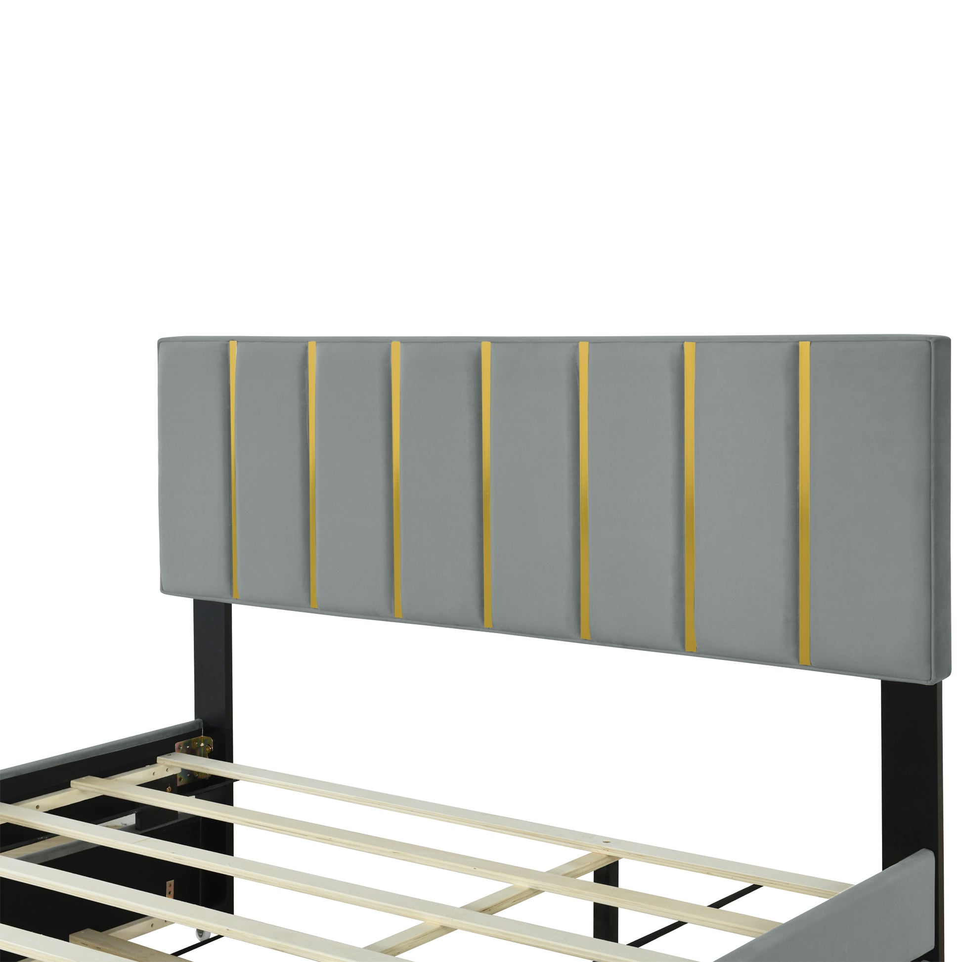 Queen Size Upholstered Platform Bed With 2 Drawers And 1 Trundle, Classic Metal Strip Headboard Design, Grey Queen Gray Mdf Lvl