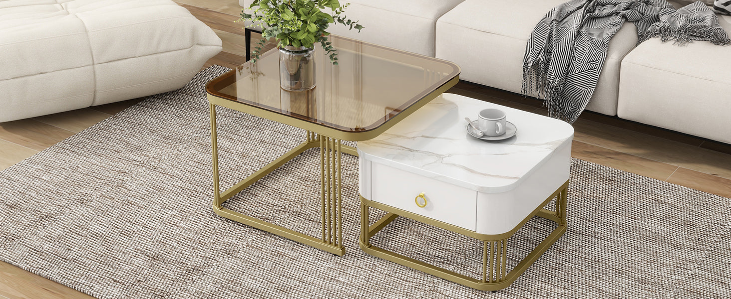 Nesting Coffee Table With Drawer, Set Of 2, Exquisite Square Stacking Coffee Tables With Brown Tempered Glass, Side Table With High Gloss Marble Grain Tabletop For Living Room, White White Gold Primary Living Space Drawers Square Mdf Steel