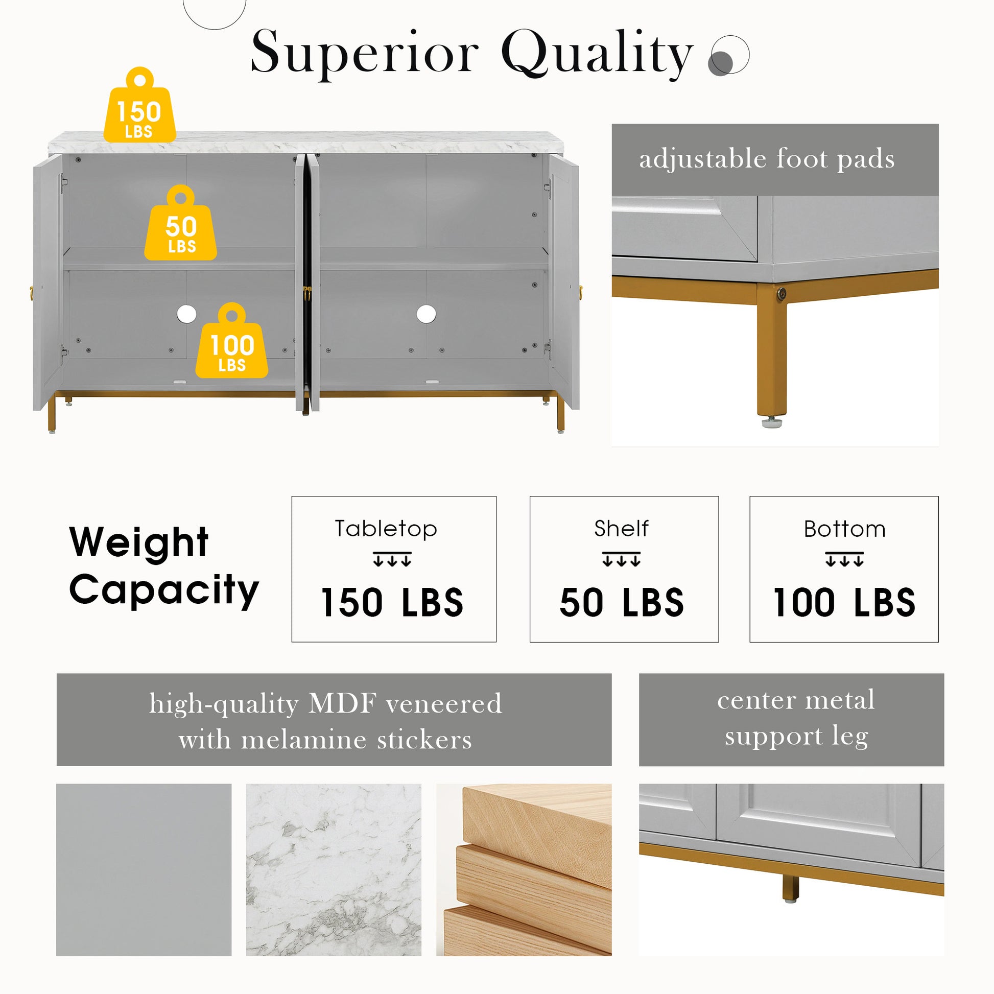 Modern Sideboard With Extra Large Storage Space With Metal Handles And Support Legs For Living Room And Dining Room Light Grey Light Gray Mdf