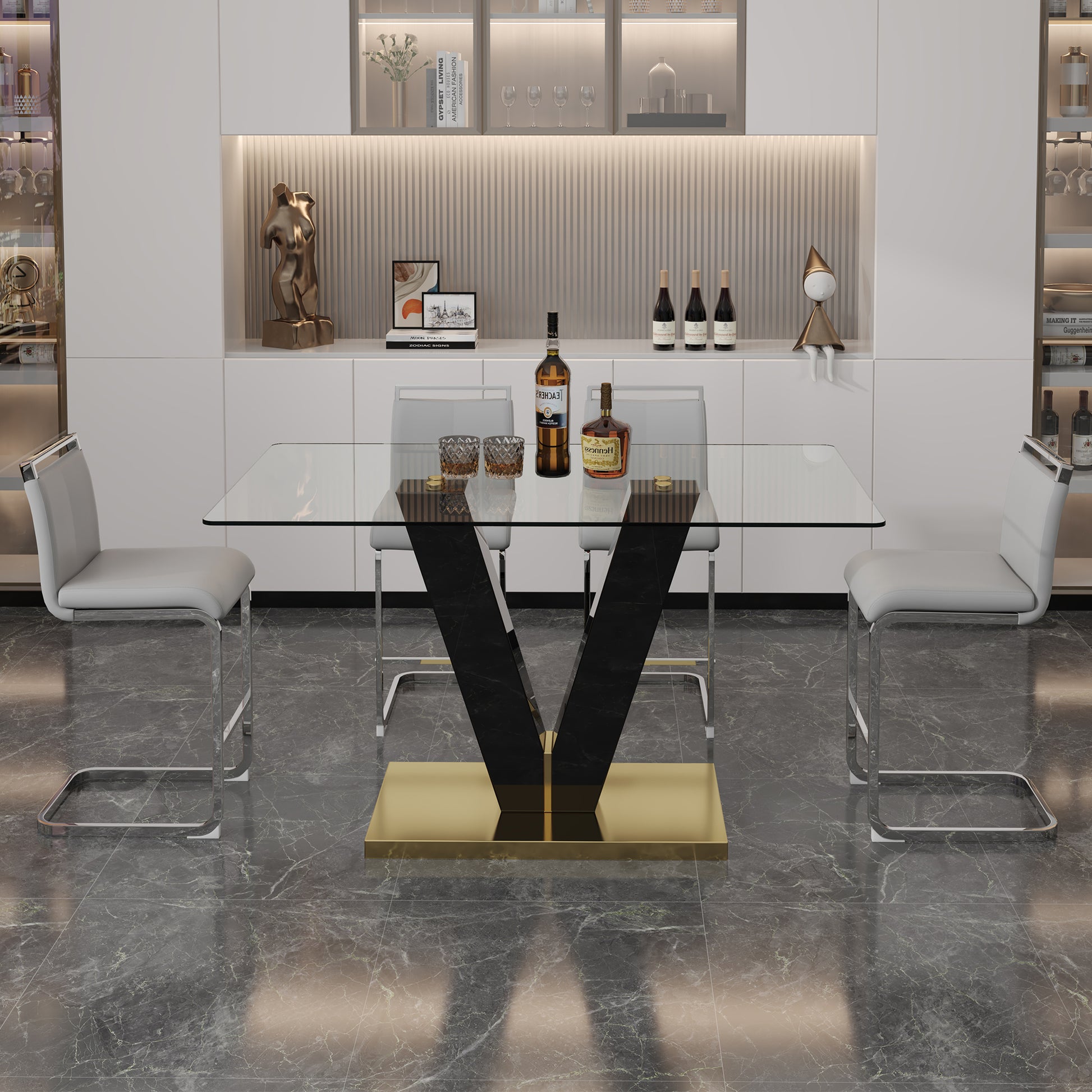 Table And Chair Set. A Rectangular Glass Dining Table With A 0.4 Inch Tempered Glass Tabletop And Mdf Board V Shaped Bracket, Paired With Chairs Consisting Of Pu Seat Cushions And Silver Metal Legs. Black Gray Seats 4 Tempered Glass