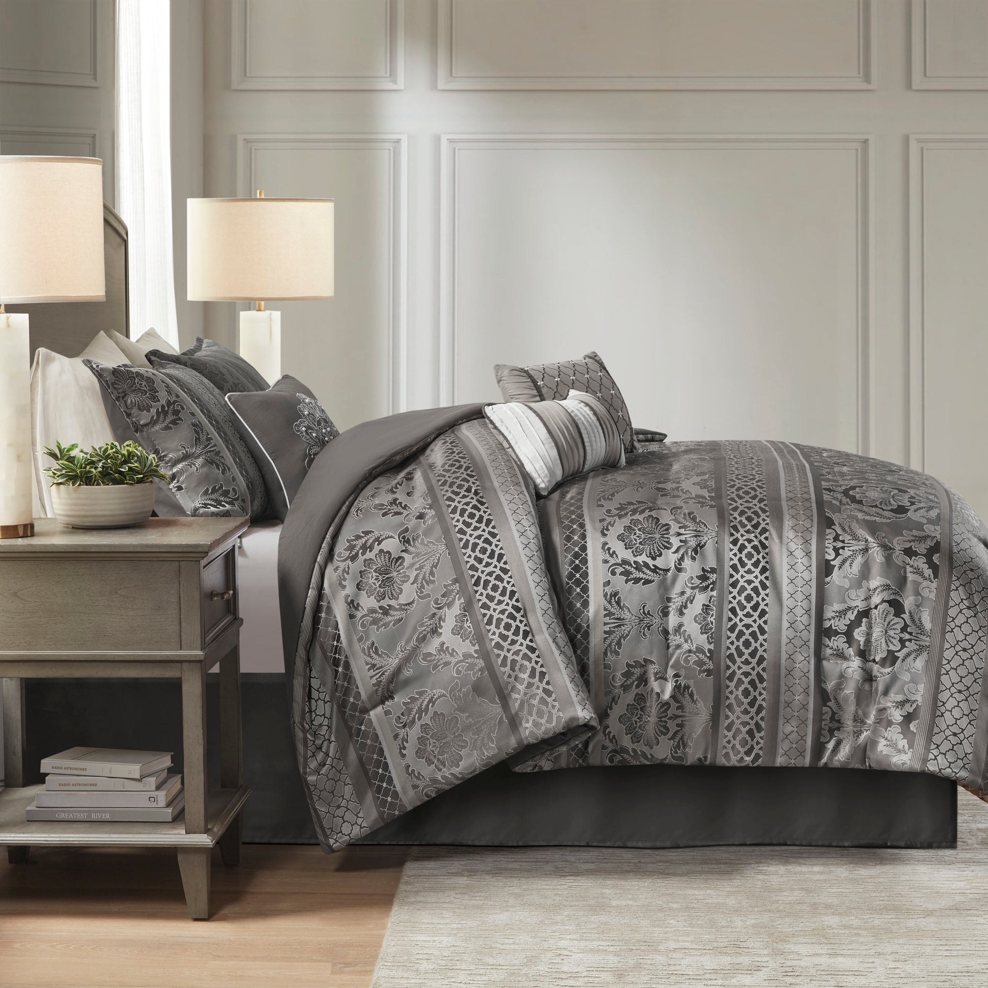 7 Piece Jacquard Comforter Set Grey Cal King California King Grey Polyester