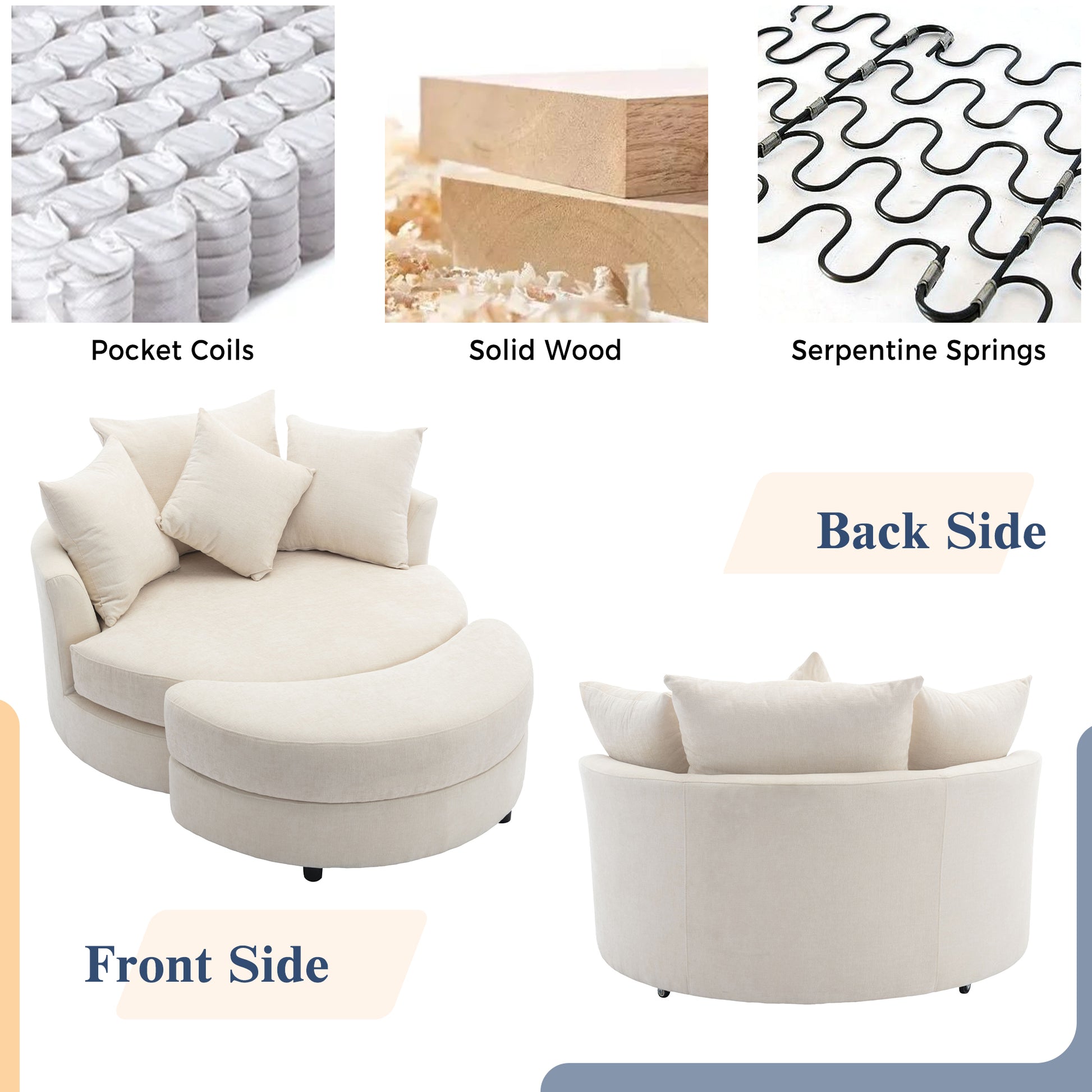 Orisfur. 360 Swivel Accent Barrel Chair With Storage Ottoman & 4 Pillows, Modern Chenille Leisure Chair Round Accent For Living Room, Cream Cream Foam Chenille