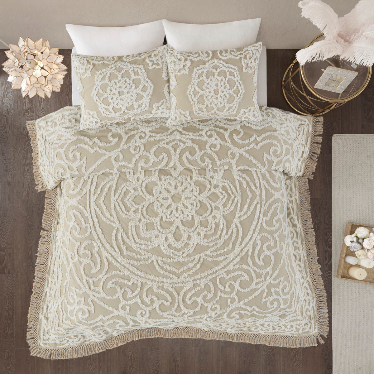 Tufted Cotton Chenille Medallion Fringe Coverlet Mini Set Taupe Full Queen Full Taupe Cotton