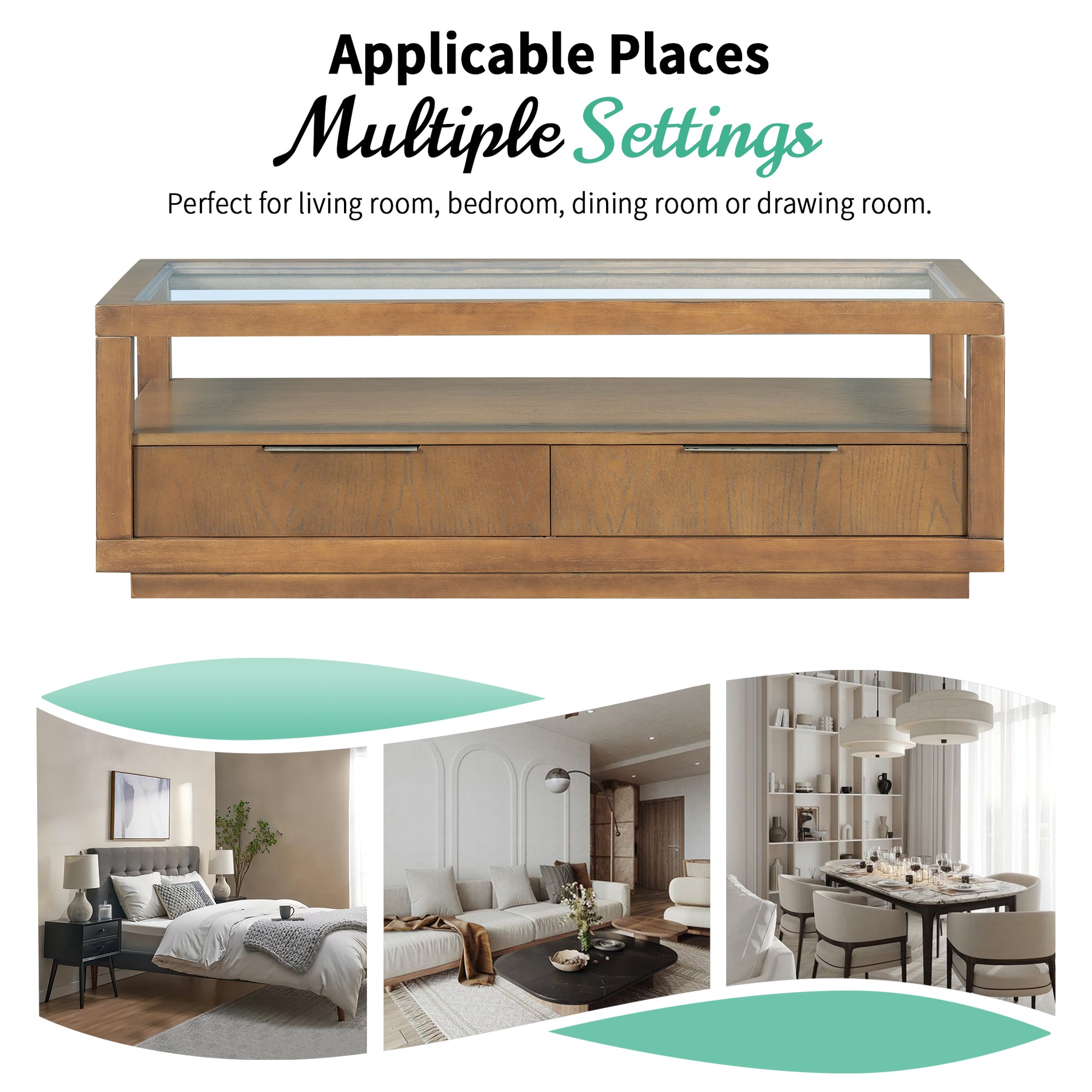 Modern Wood Coffee Table With 2 Drawers ,Minimalist Display Coffee Table With Transparent Tempered Glass, Open Storage Shelf For Living Room Brown Solid Wood Mdf