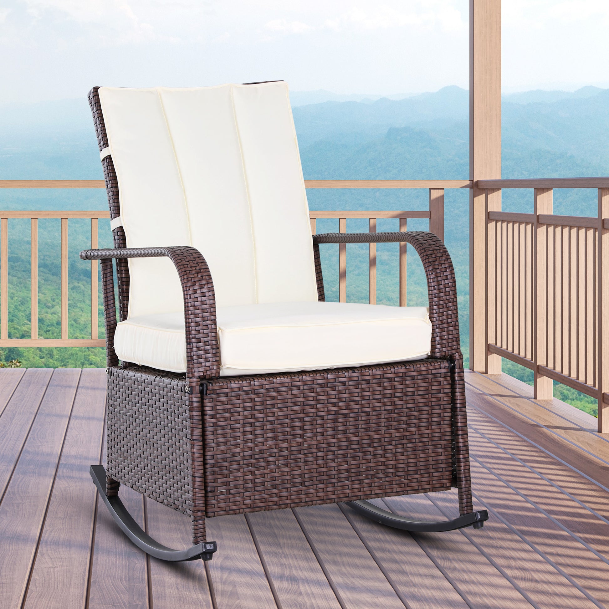 Outsunny Wicker Outdoor Rocking Chair, Patio Recliner With Adjustment Backrest, Pe Rattan Lounge Chair With Adjustable Footrest And Cushions For Garden, Backyard, Porch, Beige Brown Steel