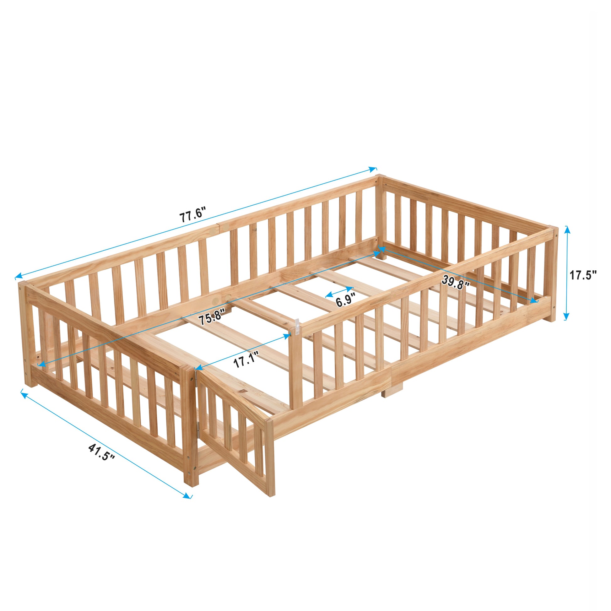 Twin Size Floor Bed With Door,Solid Wood Platform Bed Frame With Fence,Suitable For Children,Pine Wood,Natural Twin Natural Wood