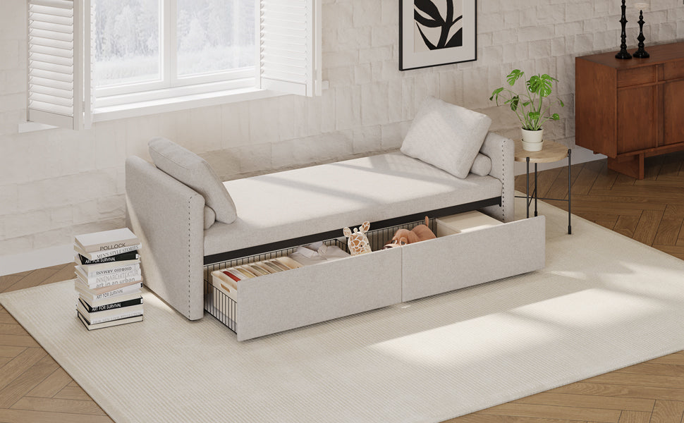 Modern Upholstered Chaise Lounger Daybed Small Single Daybed With 2 Drawers, No Mattress Needed, Perfect For Living Rooms & Home Office, Linen Fabric, Beige Beige Linen