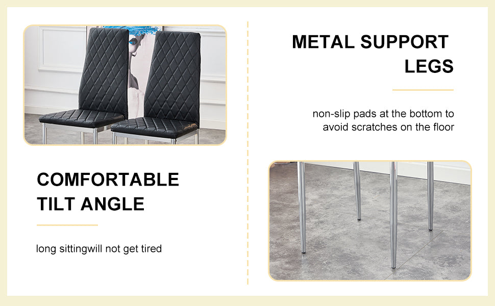 Table And Chair Set.Large Modern Rectangular Table With Brown Glass Top And Silver Metal Legs. Paired With 4 Black Chairs With Checkered Armless High Back Pu Cushion And Silver Metal Legs. Black,Silver Seats 4 Glass Metal