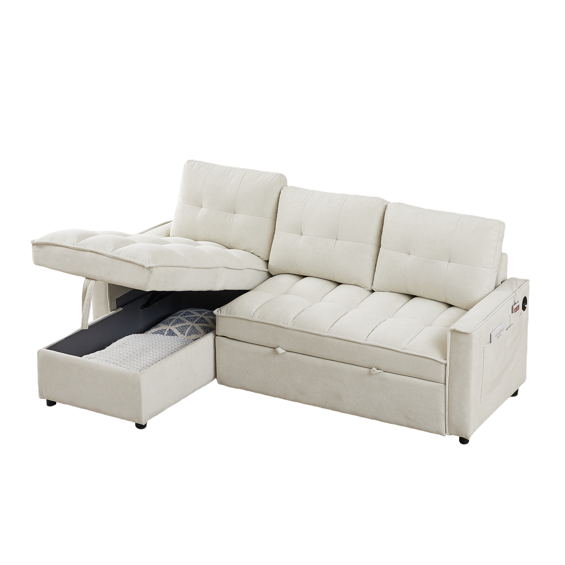 Mh 78.75" Reclining Sofa, Pull Out Sofa Bed With Usb And Tape C Charging Ports, L Shaped Sectional Sofa With Reclining Storage And Arm Side Organizer Pocket Features, Living Room Comfort Sofa Beige