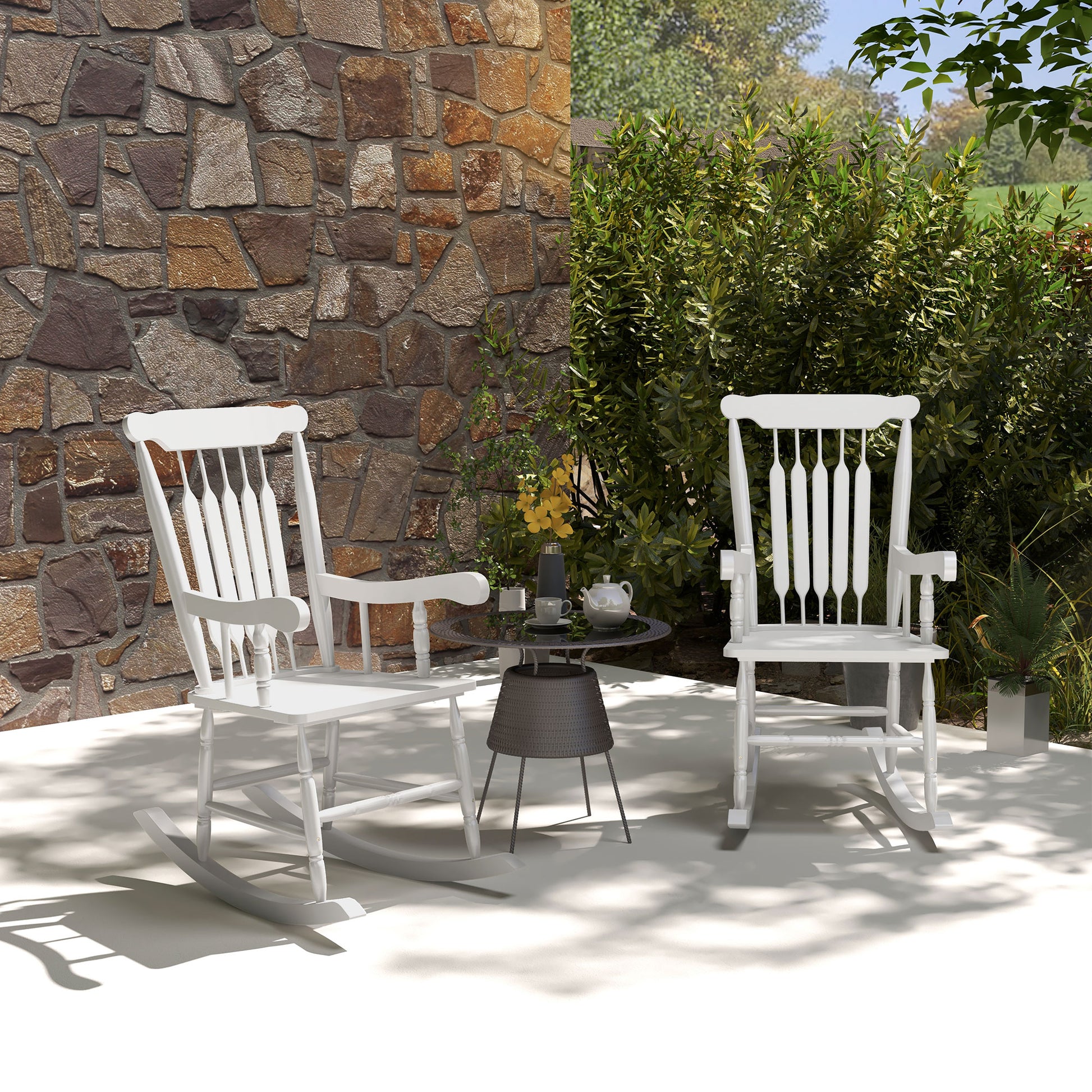 Outsunny Outdoor Wood Rocking Chairs Set Of 2, 350 Lbs. Porch Rockers With High Back For Garden, Patio, Balcony, White White Wood