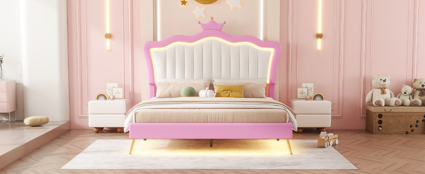 Full Size Upholstered Bed Frame With Led Lights, Modern Upholstered Princess Bed With Crown Headboard, Pink White Box Spring Not Required Full Pink White Wood Bedroom Modern Bed Frame Pu