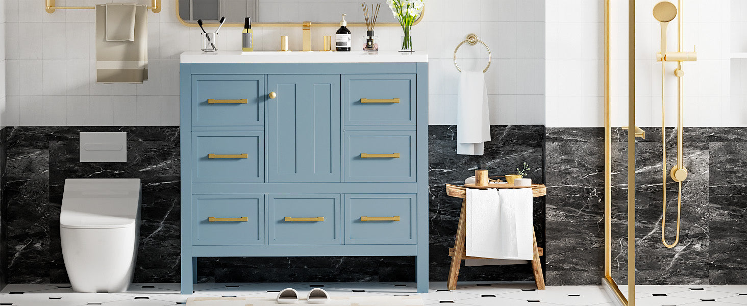 36'' Bathroom Vanity With Resin Sink Combo, Solid Wood Frame Bathroom Storage Cabinet, Freestanding Vanity Set With 5 Drawers& Soft Closing Doors Same As Sw000142Aam Blue Bathroom Solid Wood Mdf Resin