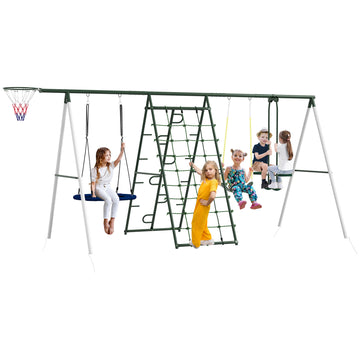Outsunny 528 Lbs Swing Set For Backyard, 5 In 1 Heavy Duty A Frame Stand Outdoor Playset For Kids, With Saucer Swing, Slide, Swing Seats, Glider, Basketball Hoop, Climbing Steps And Net Green Steel